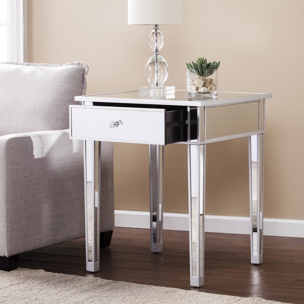 29" Silver And Reflective Glass Square End Table With Drawer-End-Side Tables-DECOROLALA