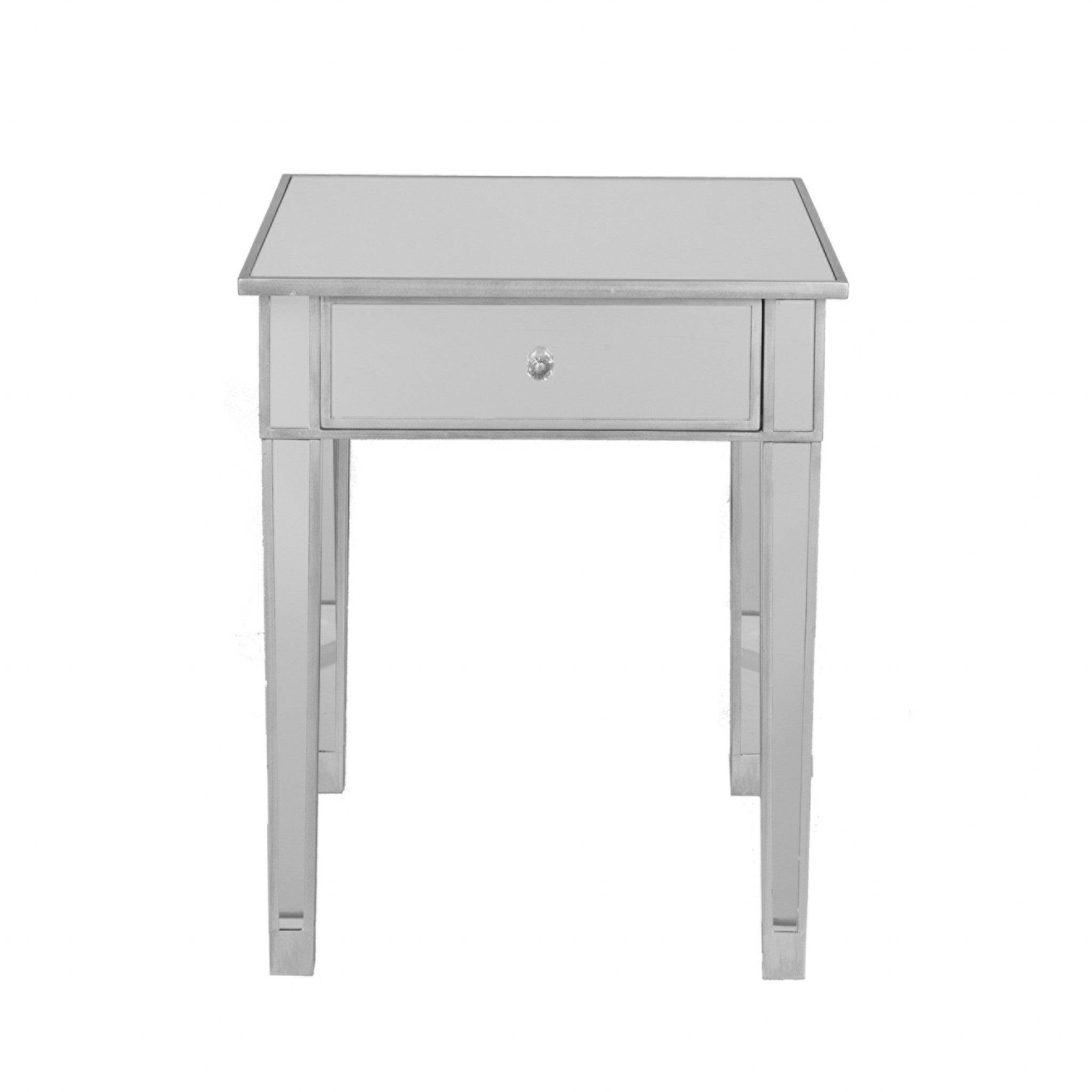 29" Silver And Reflective Glass Square End Table With Drawer-End-Side Tables-DECOROLALA