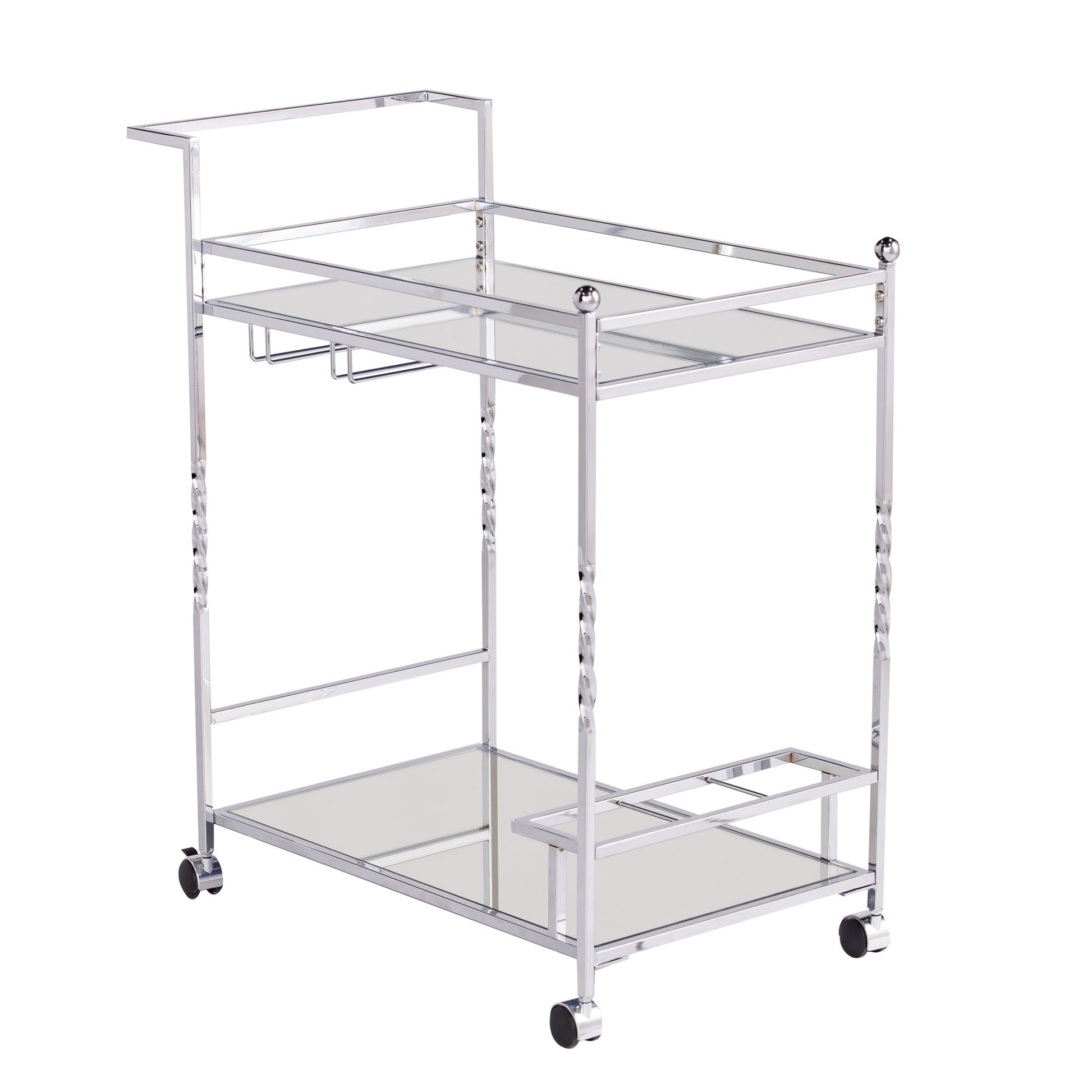 29" Silver Metal and Mirrored Glass Rolling Bar Cart With Wine Storage-Bar Cart-DECOROLALA