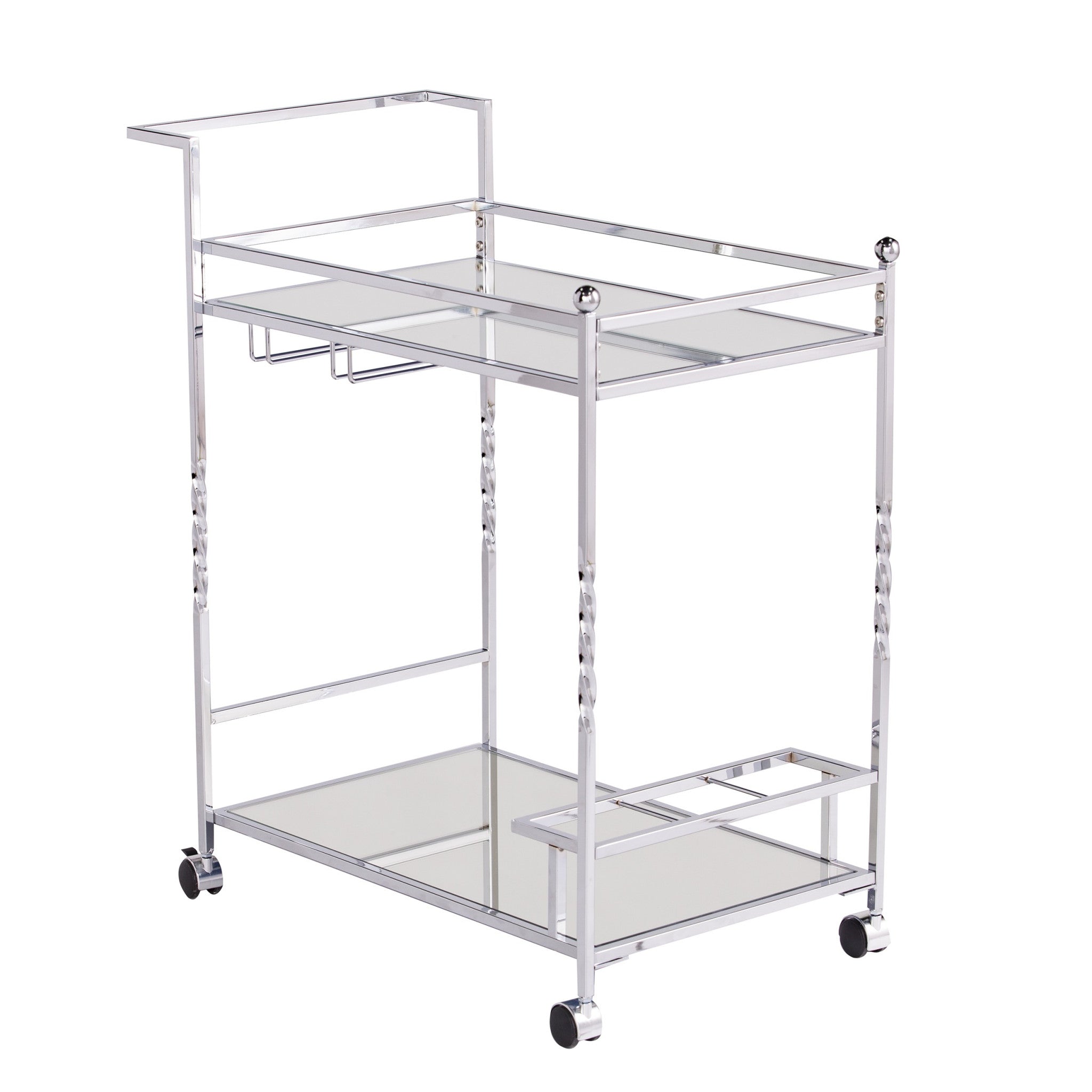 29" Silver Metal and Mirrored Glass Rolling Bar Cart With Wine Storage-Bar Cart-DECOROLALA