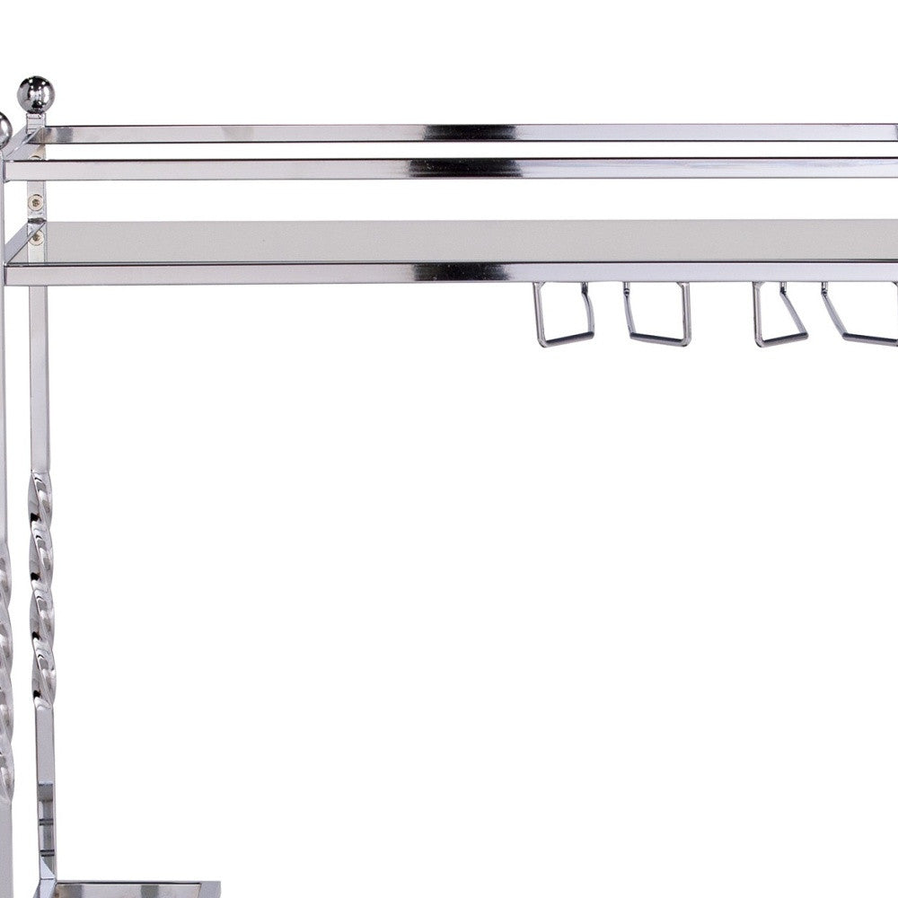 29" Silver Metal and Mirrored Glass Rolling Bar Cart With Wine Storage-Bar Cart-DECOROLALA