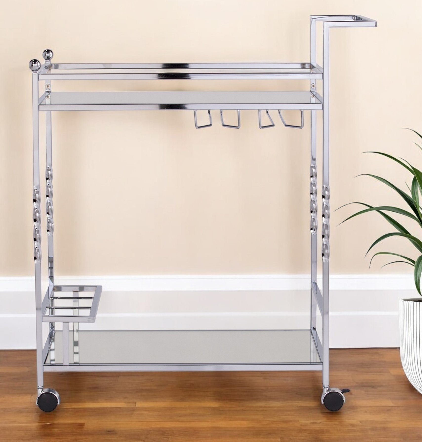 29" Silver Metal and Mirrored Glass Rolling Bar Cart With Wine Storage-Bar Cart-DECOROLALA