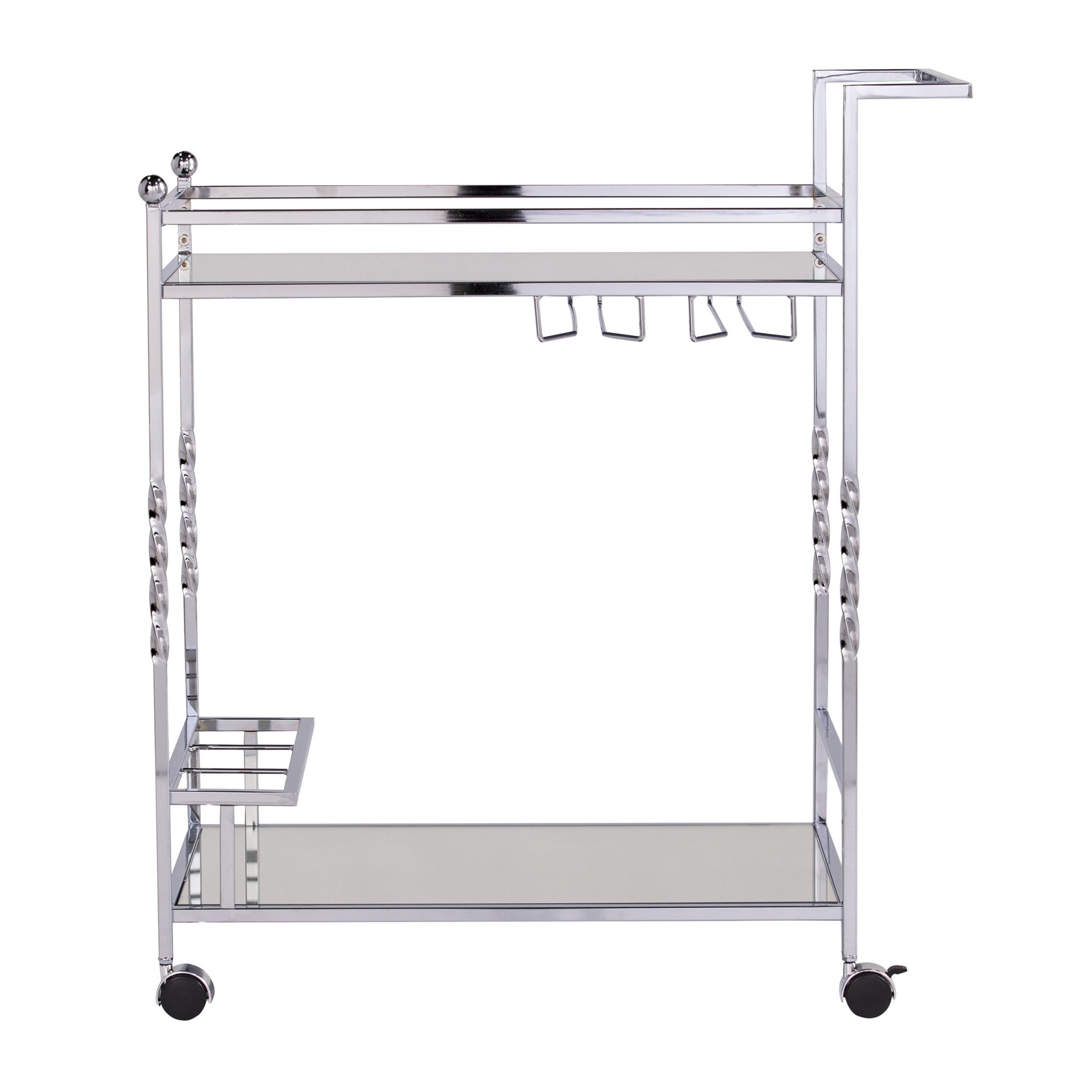 29" Silver Metal and Mirrored Glass Rolling Bar Cart With Wine Storage-Bar Carts and Servers-DECOROLALA