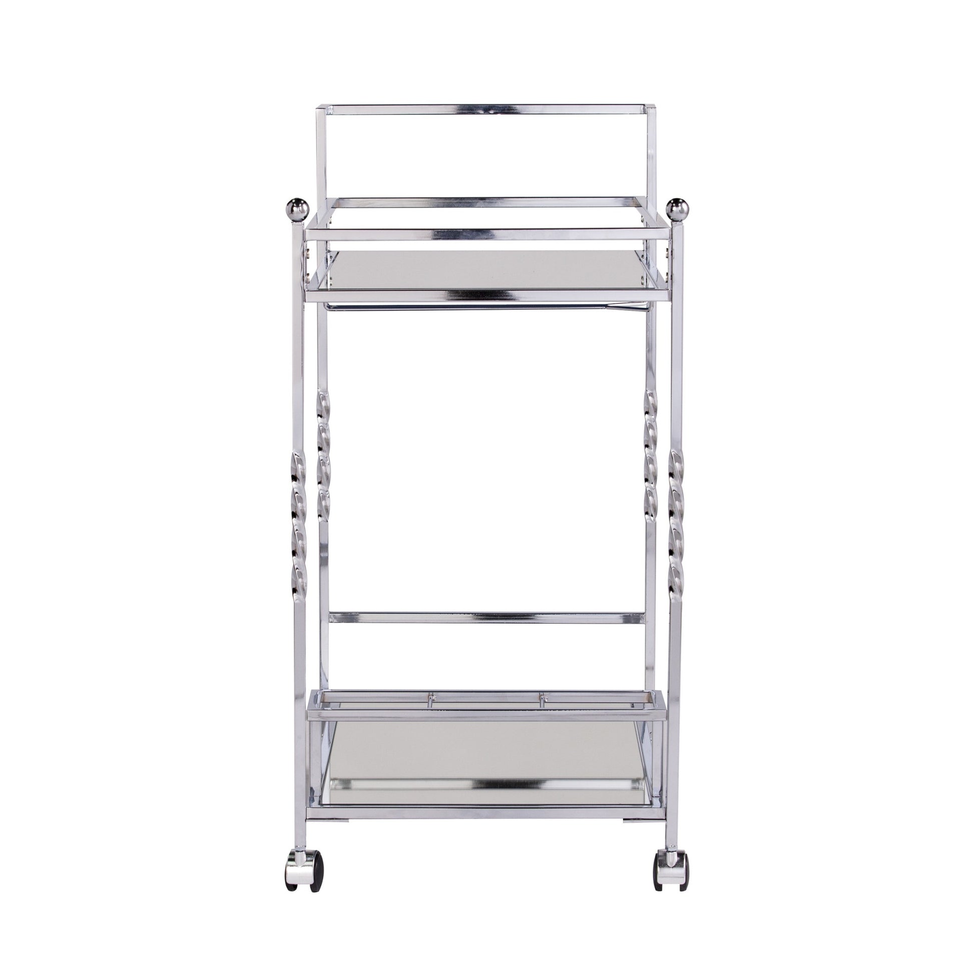 29" Silver Metal and Mirrored Glass Rolling Bar Cart With Wine Storage-Bar Carts and Servers-DECOROLALA