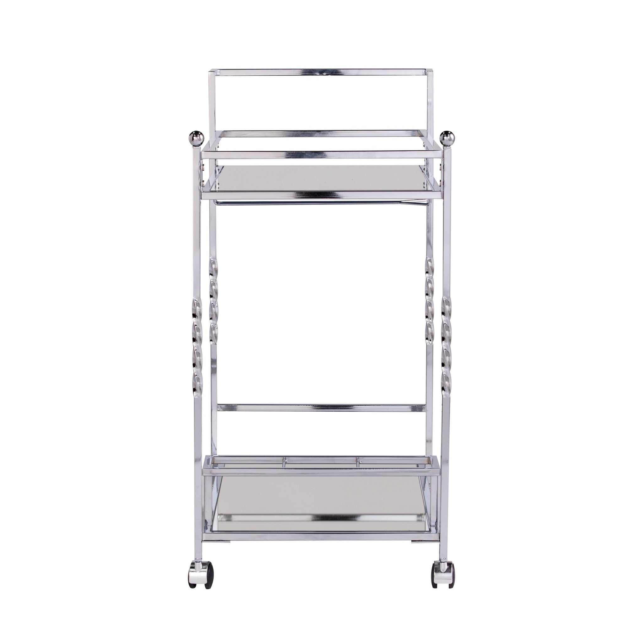 29" Silver Metal and Mirrored Glass Rolling Bar Cart With Wine Storage-Bar Carts and Servers-DECOROLALA