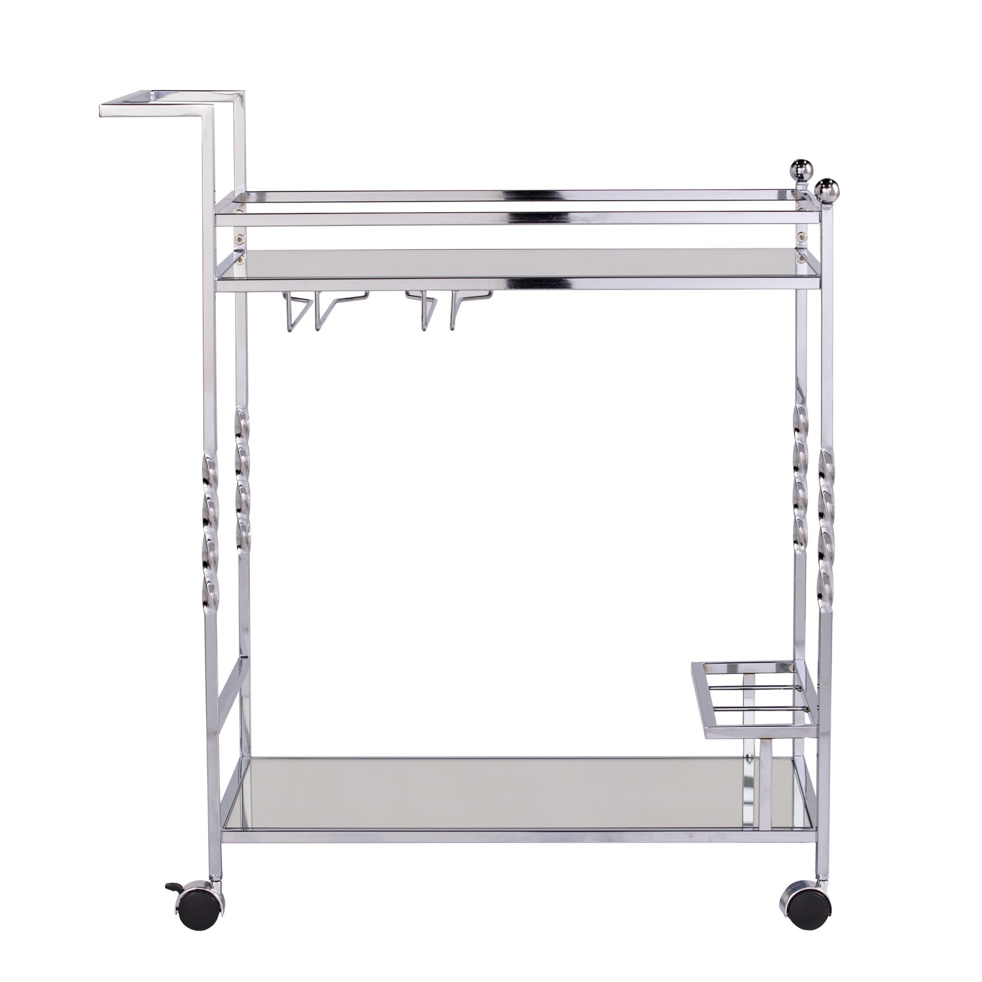 29" Silver Metal and Mirrored Glass Rolling Bar Cart With Wine Storage-Bar Carts and Servers-DECOROLALA
