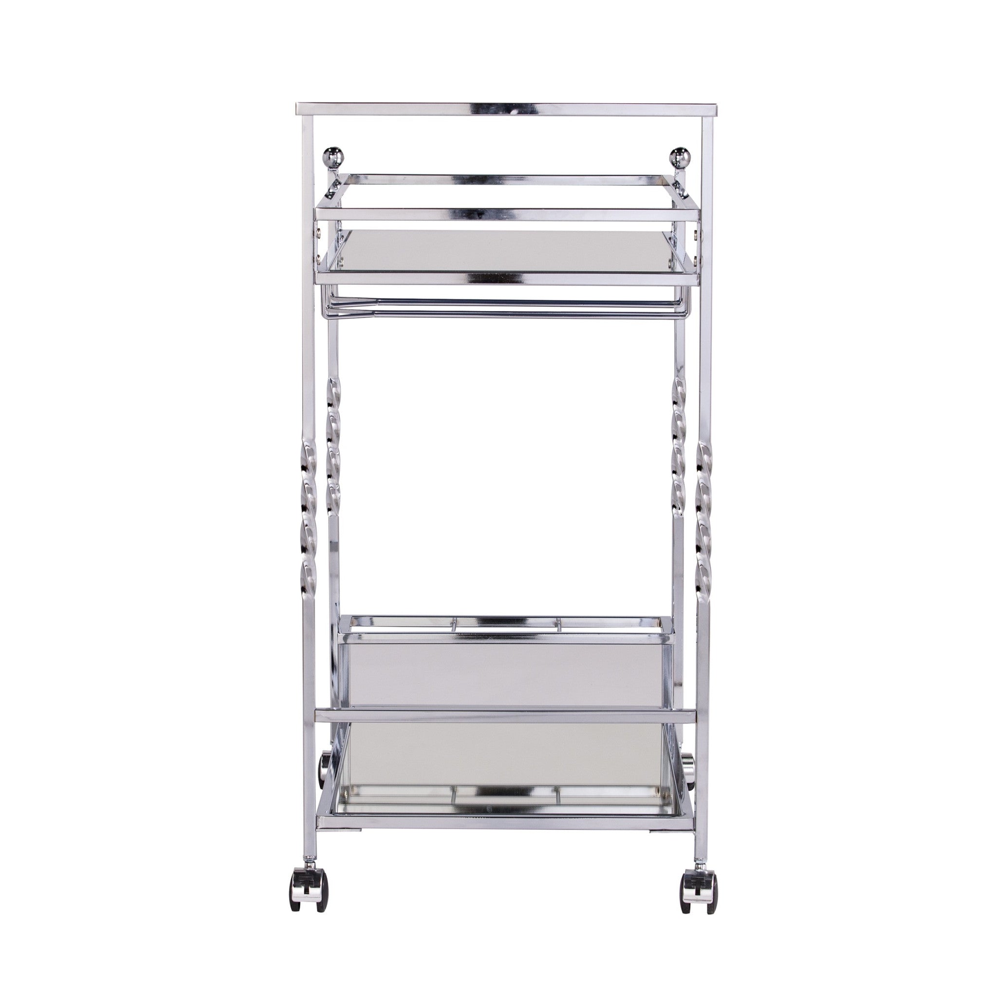 29" Silver Metal and Mirrored Glass Rolling Bar Cart With Wine Storage-Bar Carts and Servers-DECOROLALA