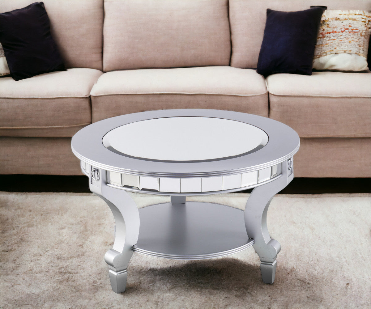 29" Silver Mirrored And Metal Round Mirrored Coffee Table-Coffee Tables-DECOROLALA