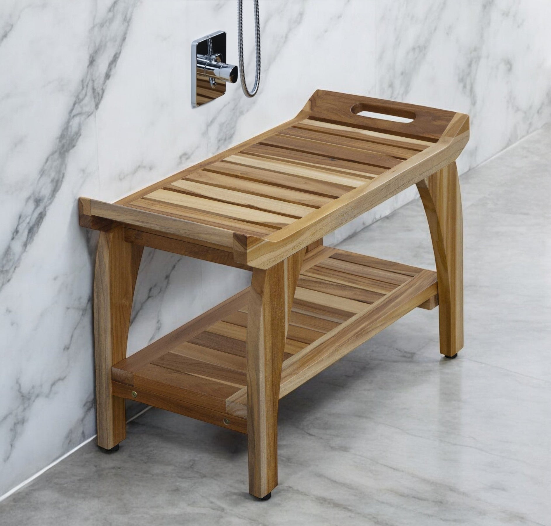 29" Teak Rectangular Shower Outdoor Bench With Handles In Natural Finish-Shower Bench-DECOROLALA
