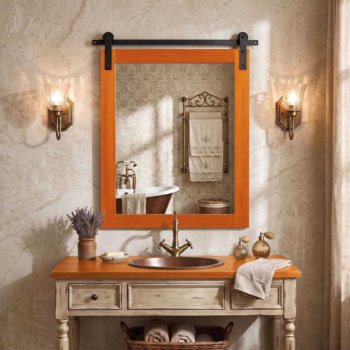 29" x 23" Rectangle Farmhouse Wall Mirror with Metal Bracket for Bathroom-Brown-Wall Mirrors-DECOROLALA