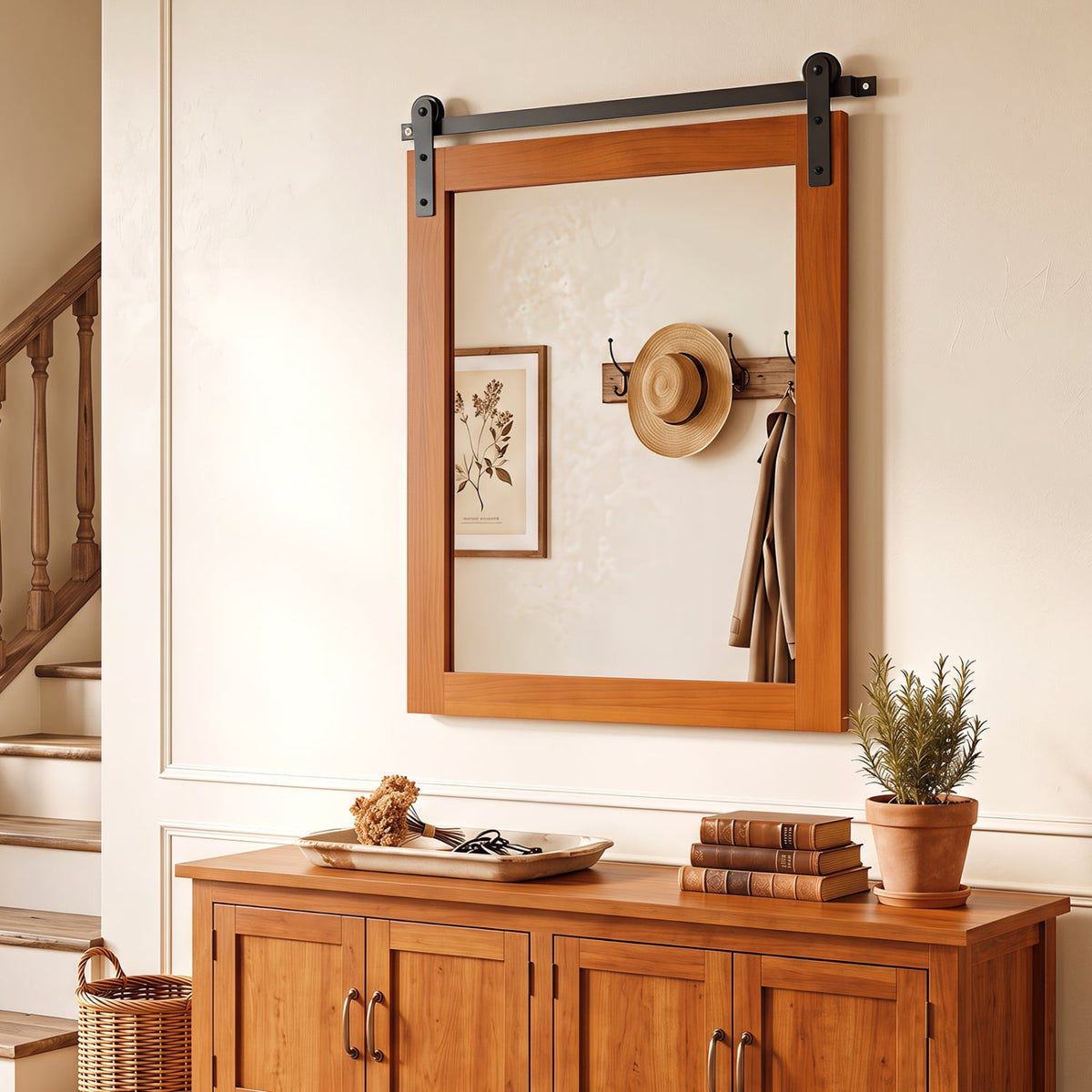 29" x 23" Rectangle Farmhouse Wall Mirror with Metal Bracket for Bathroom-Brown-Wall Mirrors-DECOROLALA