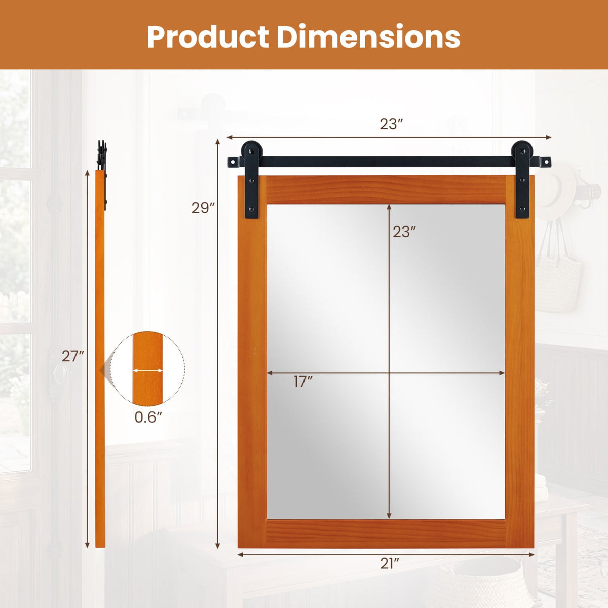 29" x 23" Rectangle Farmhouse Wall Mirror with Metal Bracket for Bathroom-Brown-Wall Mirrors-DECOROLALA