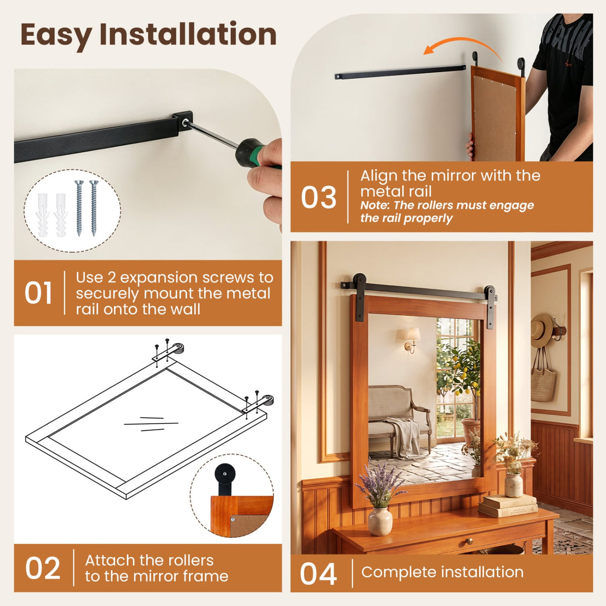 29" x 23" Rectangle Farmhouse Wall Mirror with Metal Bracket for Bathroom-Brown-Wall Mirrors-DECOROLALA
