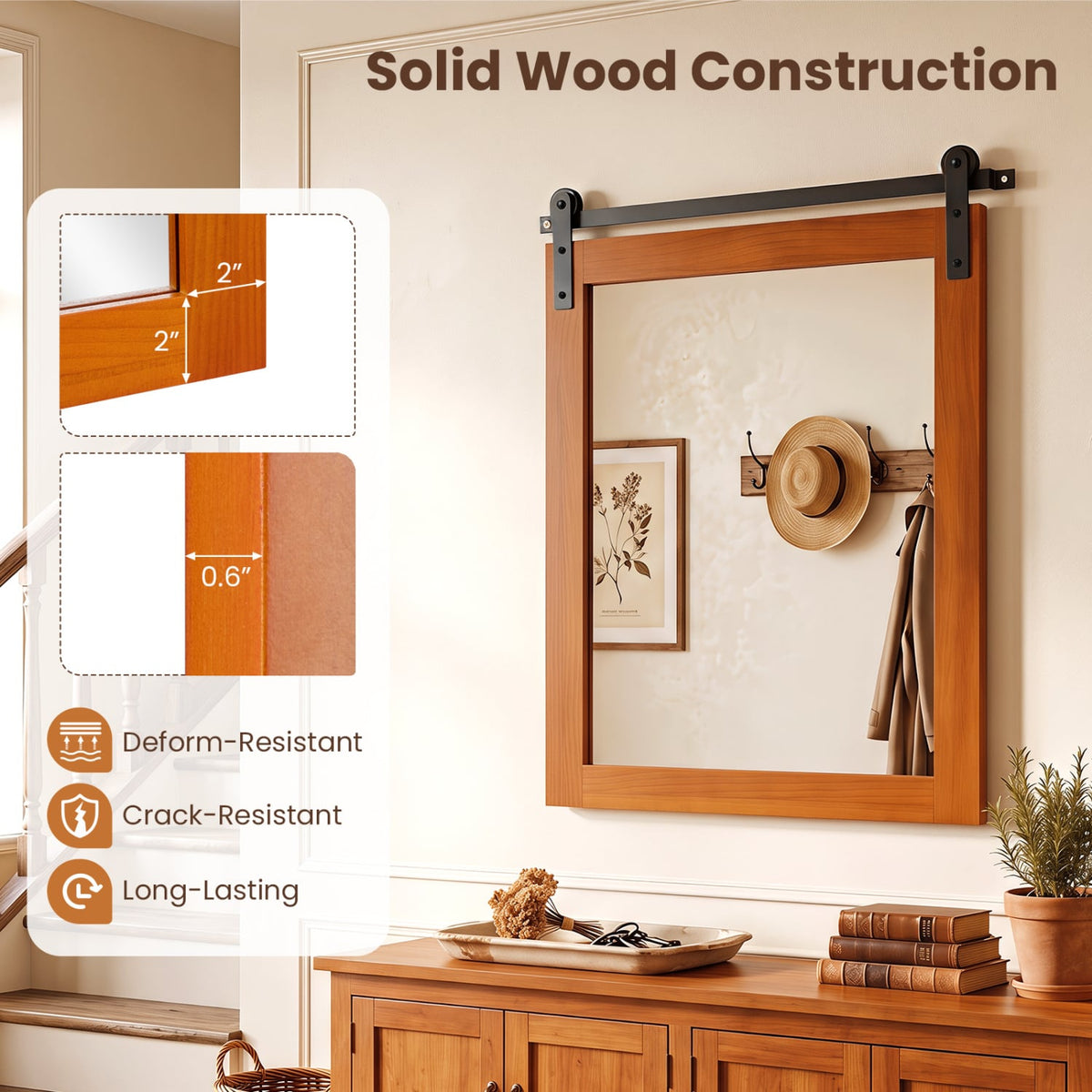 29" x 23" Rectangle Farmhouse Wall Mirror with Metal Bracket for Bathroom-Brown-Wall Mirrors-DECOROLALA