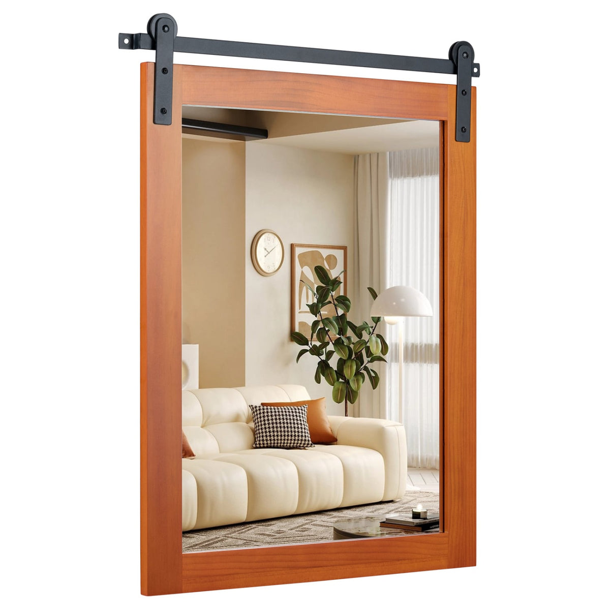 29" x 23" Rectangle Farmhouse Wall Mirror with Metal Bracket for Bathroom-Brown-Wall Mirrors-DECOROLALA