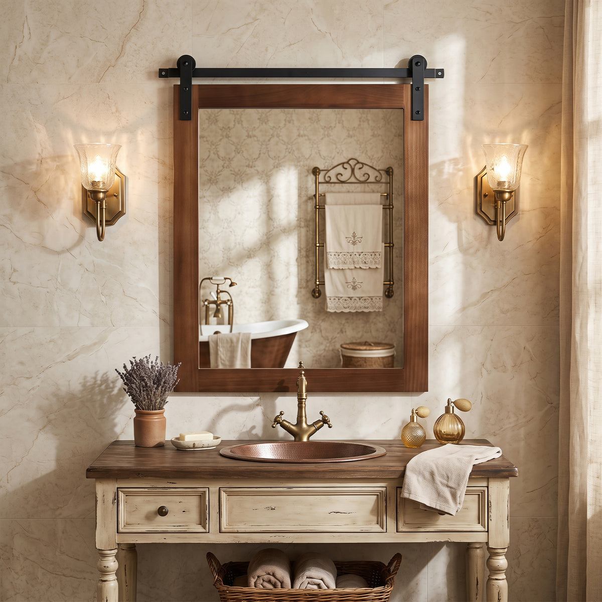 29" x 23" Rectangle Farmhouse Wall Mirror with Metal Bracket for Bathroom-Rustic Brown-Wall Mirrors-DECOROLALA