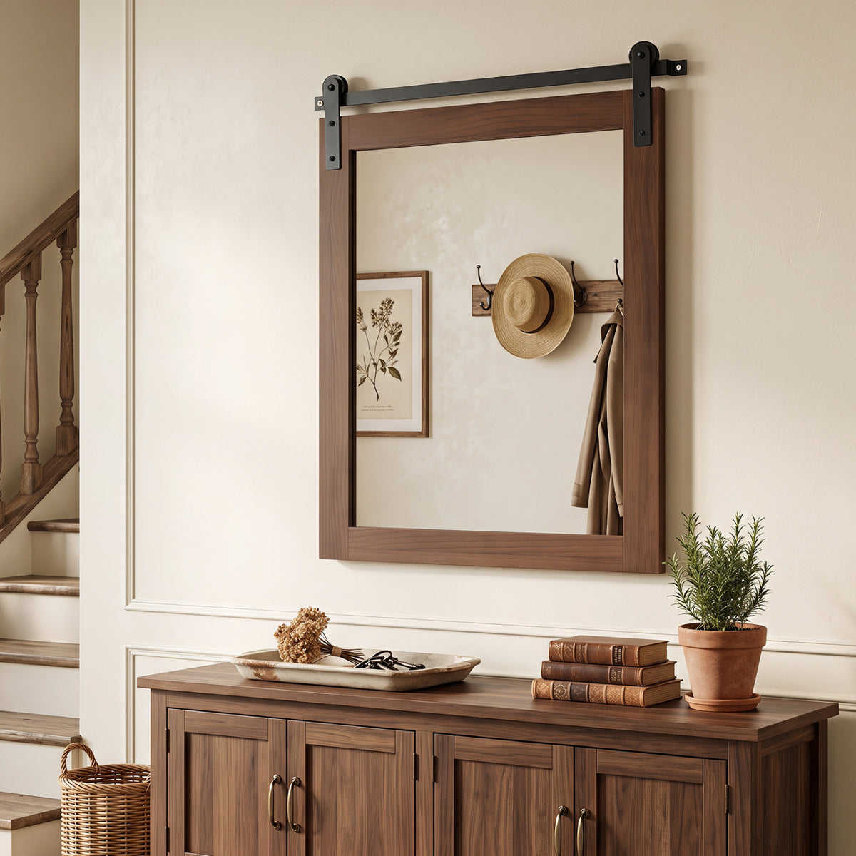 29" x 23" Rectangle Farmhouse Wall Mirror with Metal Bracket for Bathroom-Rustic Brown-Wall Mirrors-DECOROLALA