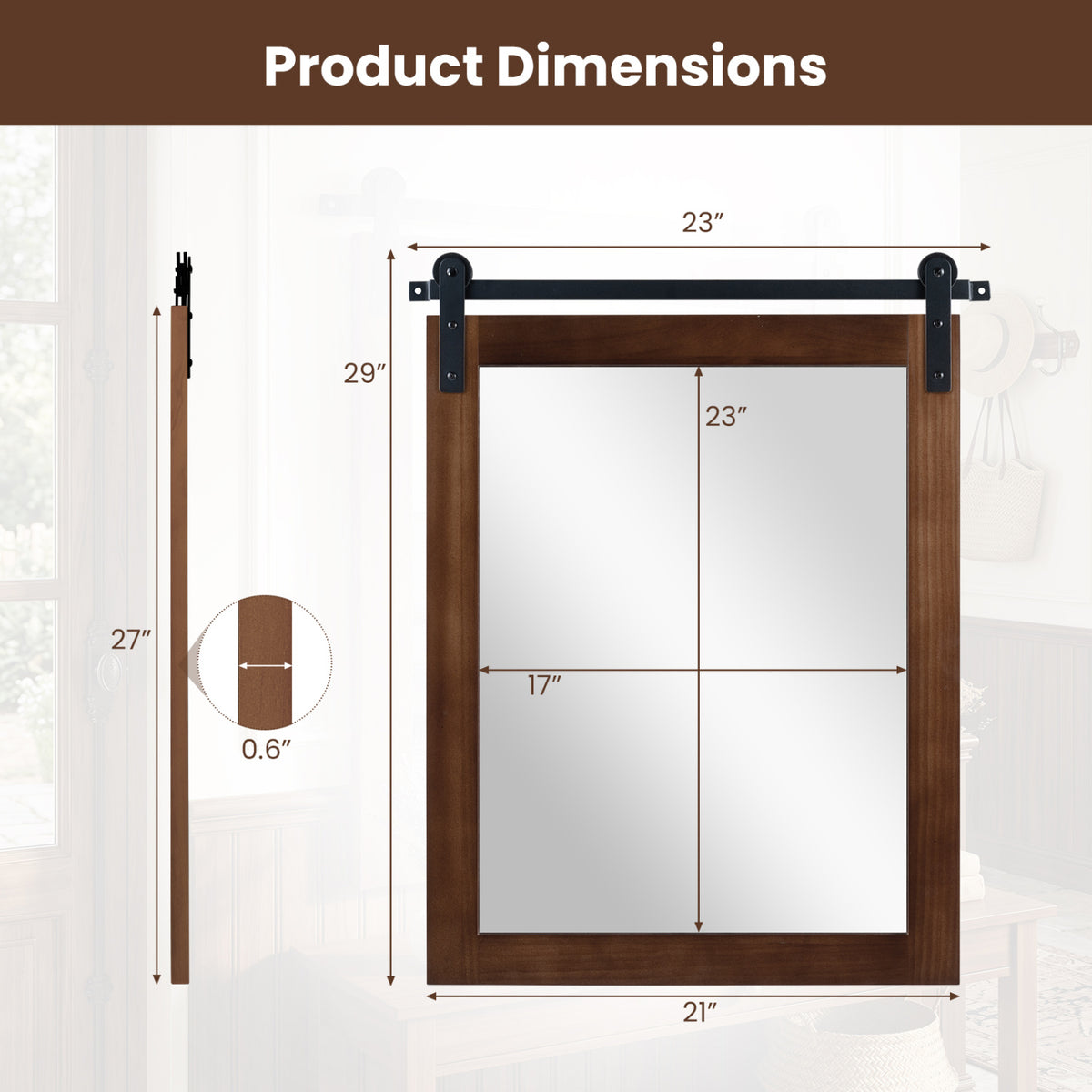 29" x 23" Rectangle Farmhouse Wall Mirror with Metal Bracket for Bathroom-Rustic Brown-Wall Mirrors-DECOROLALA