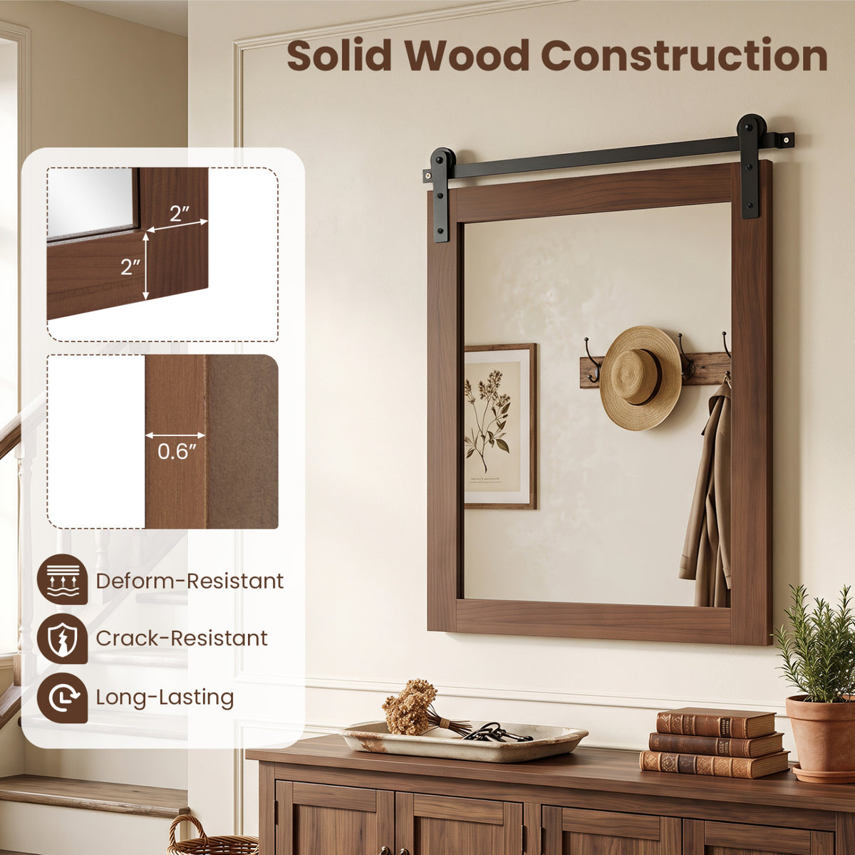 29" x 23" Rectangle Farmhouse Wall Mirror with Metal Bracket for Bathroom-Rustic Brown-Wall Mirrors-DECOROLALA