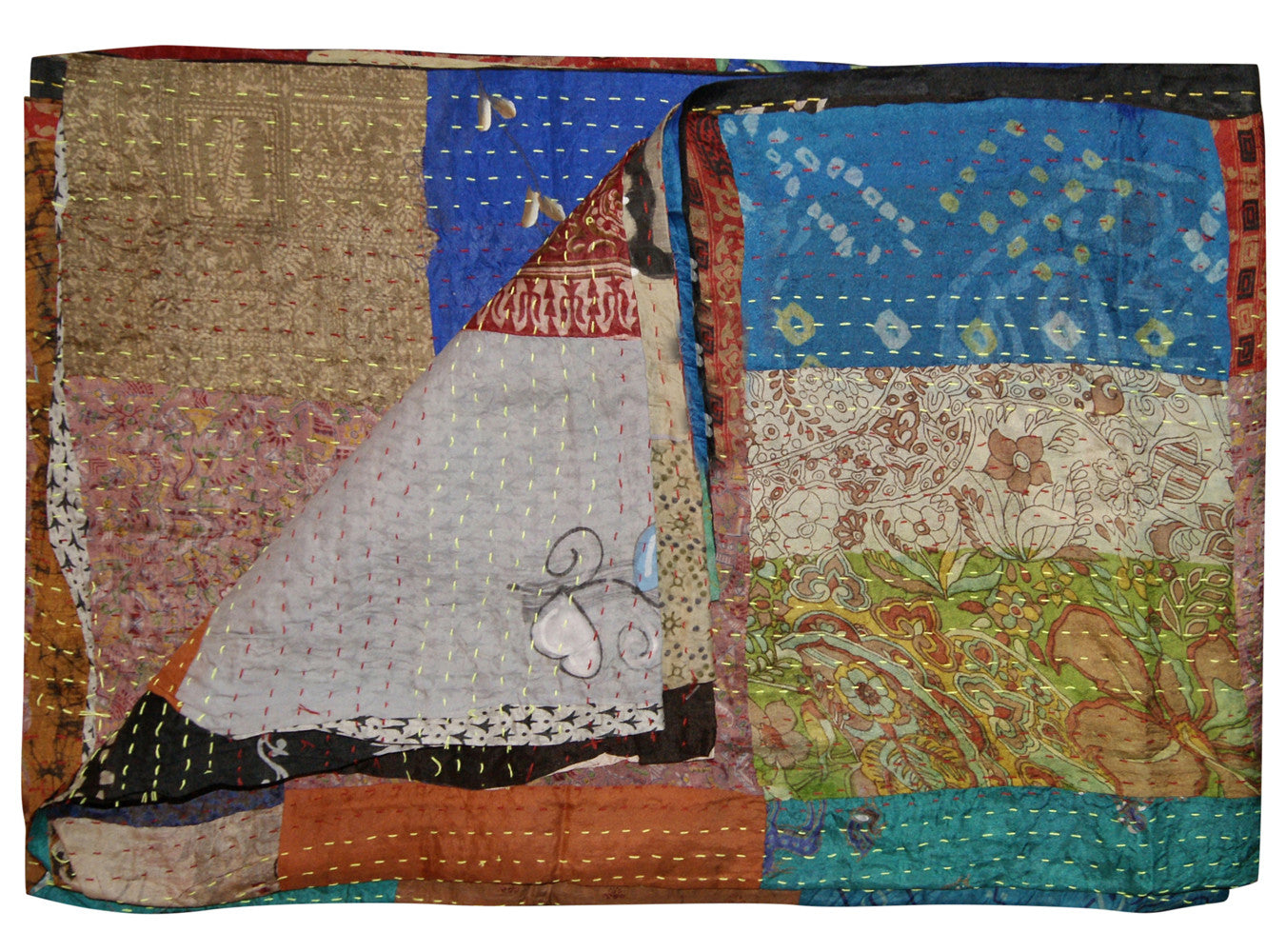 60" X 90" Blue Brown And Green Patchwork Cotton Quilted Kantha Throw Blanket with Embroidery-Throws & Blankets-DECOROLALA