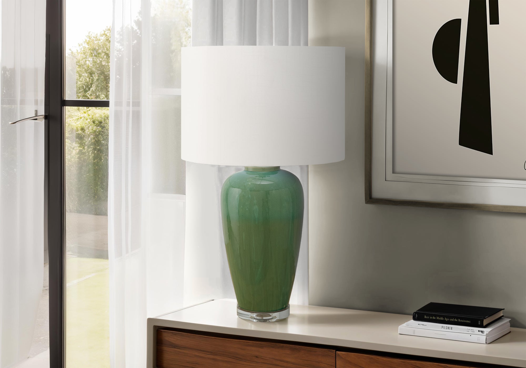29"H Green Ceramic Table Lamp with Ivory Shade-Lighting-DECOROLALA