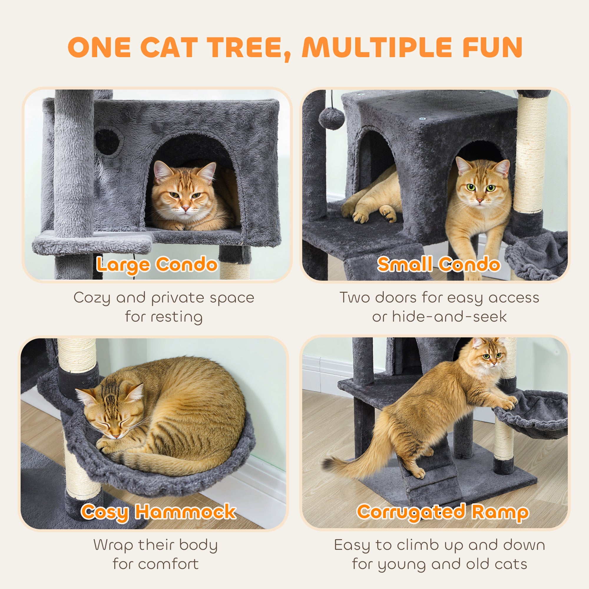 63 Inch Cat Tree with Sisal Scratching Posts, Condos, Plush Perches, Hammock, Ladder, Dangling Balls, Dark Grey