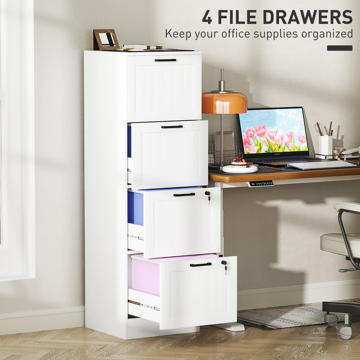 4-Drawer Locking Filing Cabinet - White MDF Office Storage