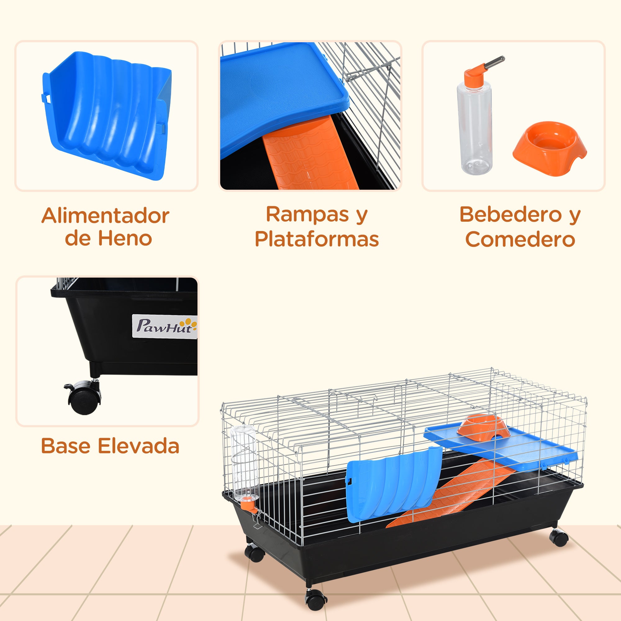 Small Animal Cage, Rolling Bunny Cage, Guinea Pig Cage with Food Dish, Water Bottle, Hay Feeder, Platform, Ramp, Black