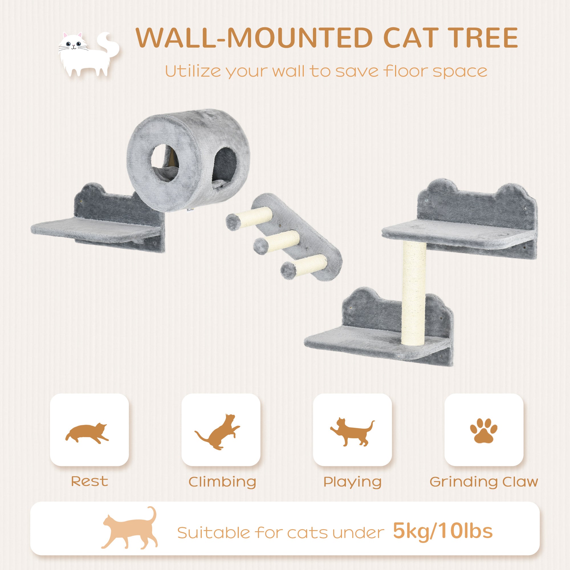 4 PCs 9.3" H Cat Wall Shelves, Pet Wall-mounted Climbing Shelf Set, Kitten Activity Centre with Condo, Cushion, Scratching Post, Jumping Platform, Grey