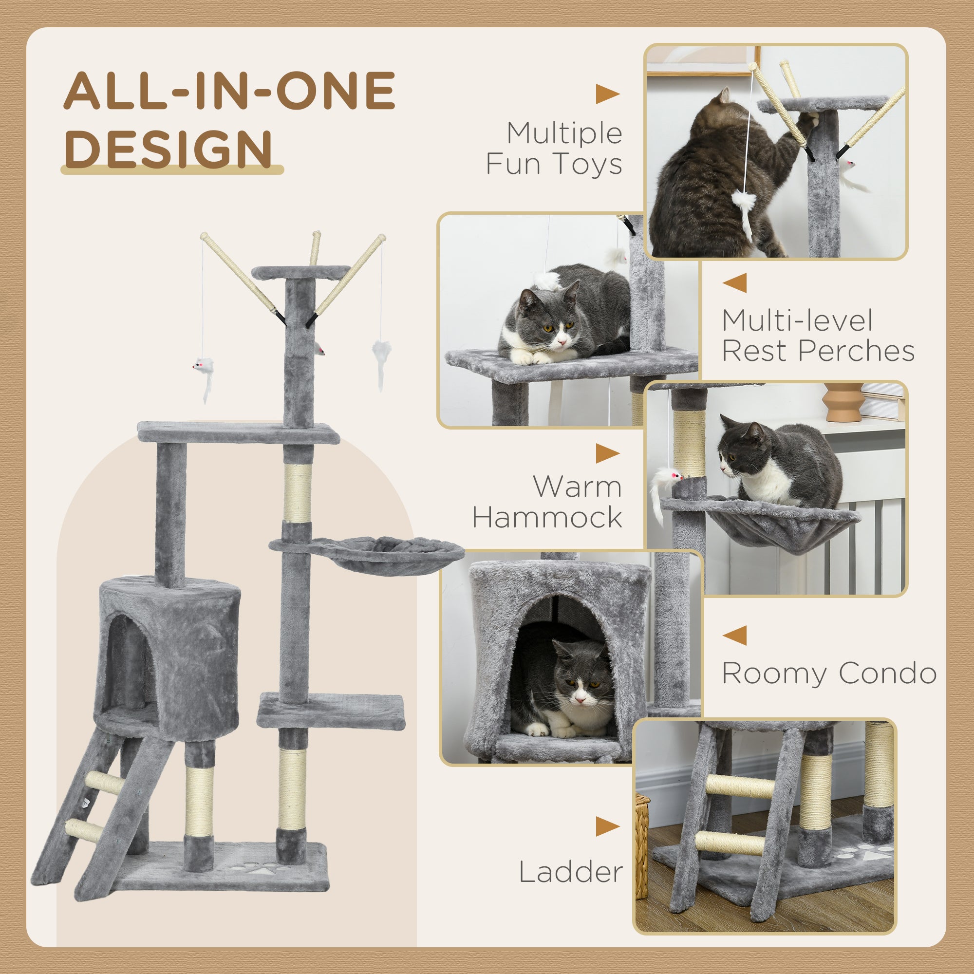53" Cat Tree Tower, Kitten Activity Centre with Scratching Posts, Condo, Perches, Ladder, Hammock, Dangling Toys, Grey