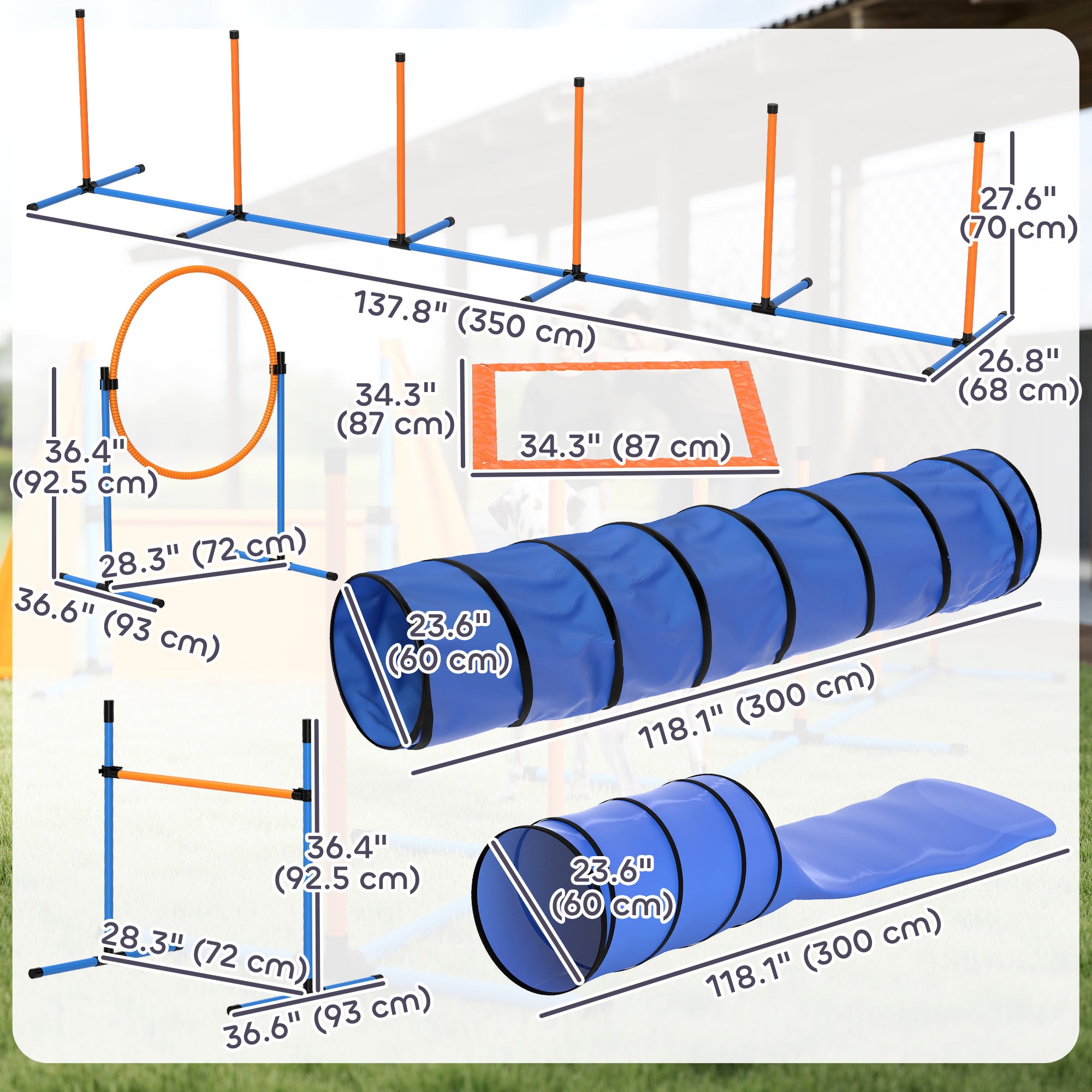 13-Piece Dog Agility Training Equipment Set, Pet Obstacle Course with 2 Tunnels, Adjustable Jumps, Orange Blue