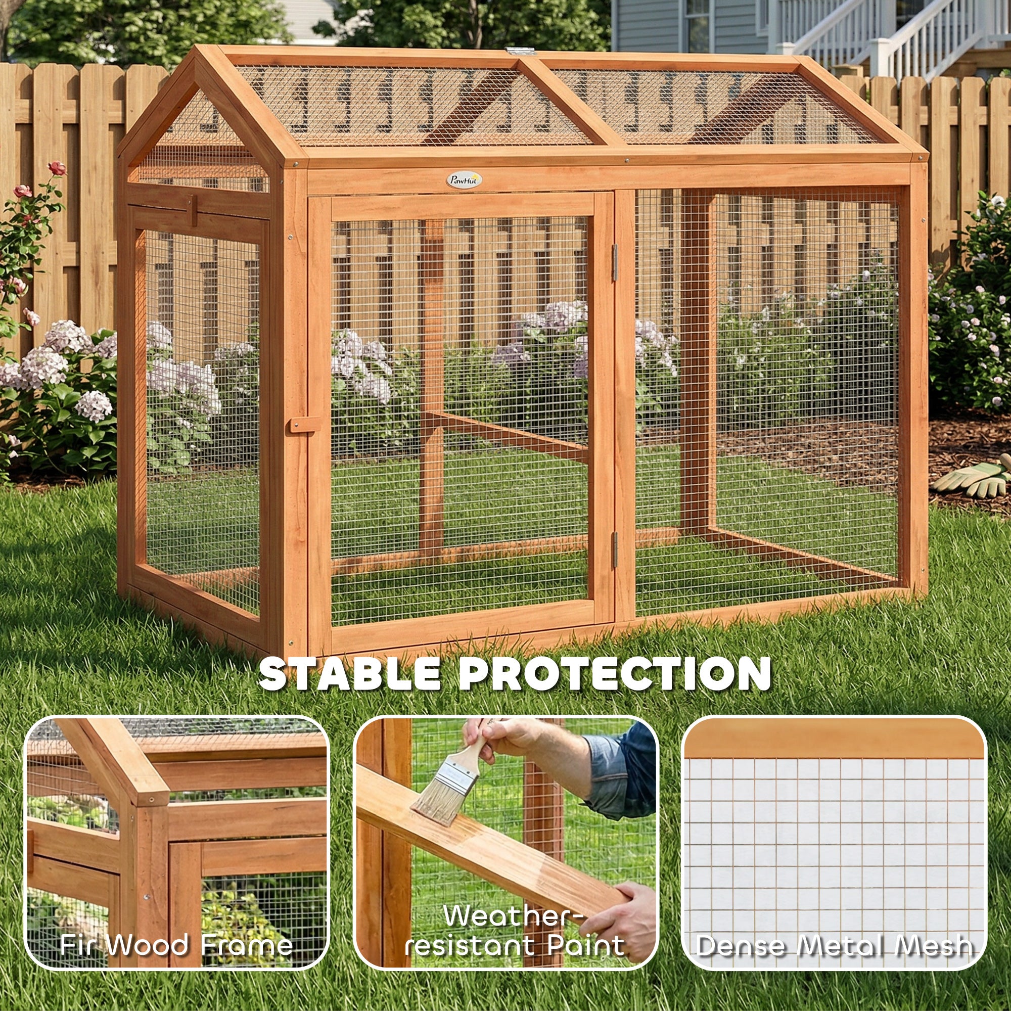 Wooden Chicken Run, Outdoor Chicken Coop with Perch and Dual Doors, Combinable Hen House Rabbit Hutch for Backyard