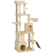 67" Large Cat Tree with 7 Scratching Posts, Tunnel, 2 Condos, Hammock, Perch, Ramp, Pompoms, Beige