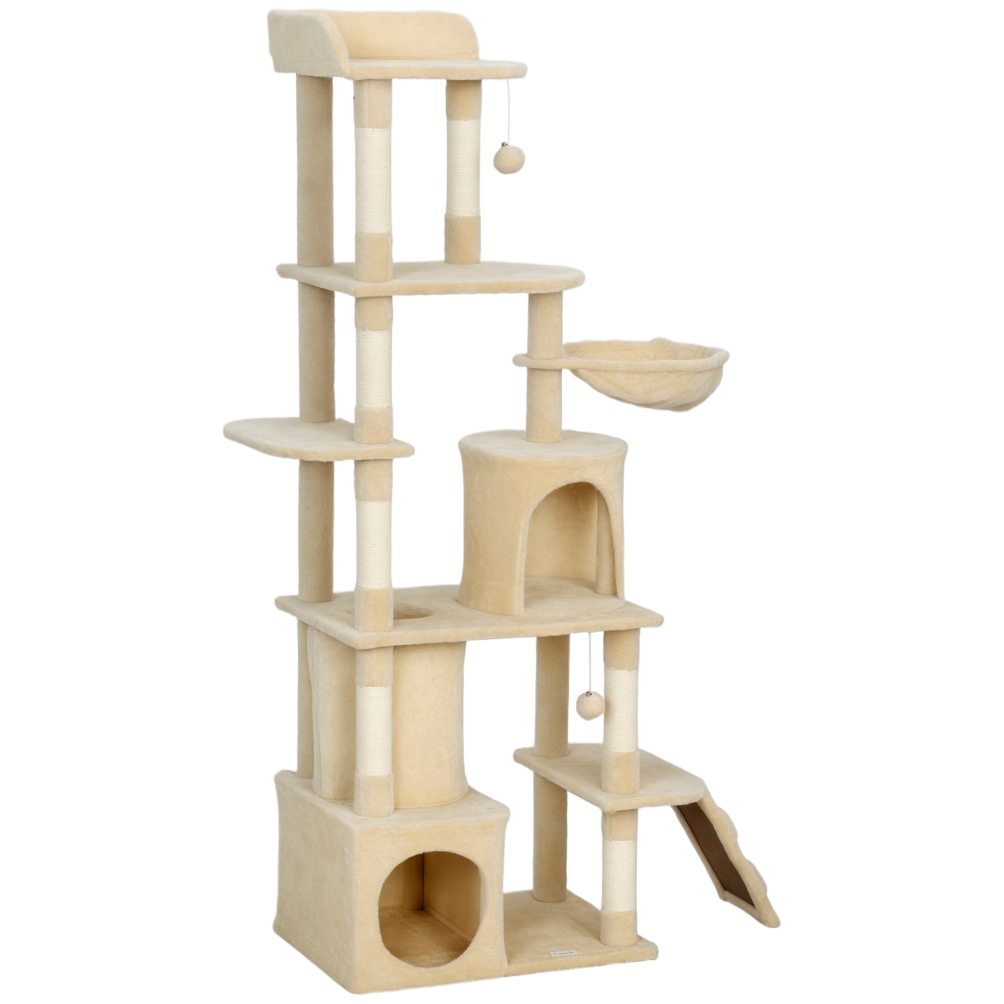 67" Large Cat Tree with 7 Scratching Posts, Tunnel, 2 Condos, Hammock, Perch, Ramp, Pompoms, Beige