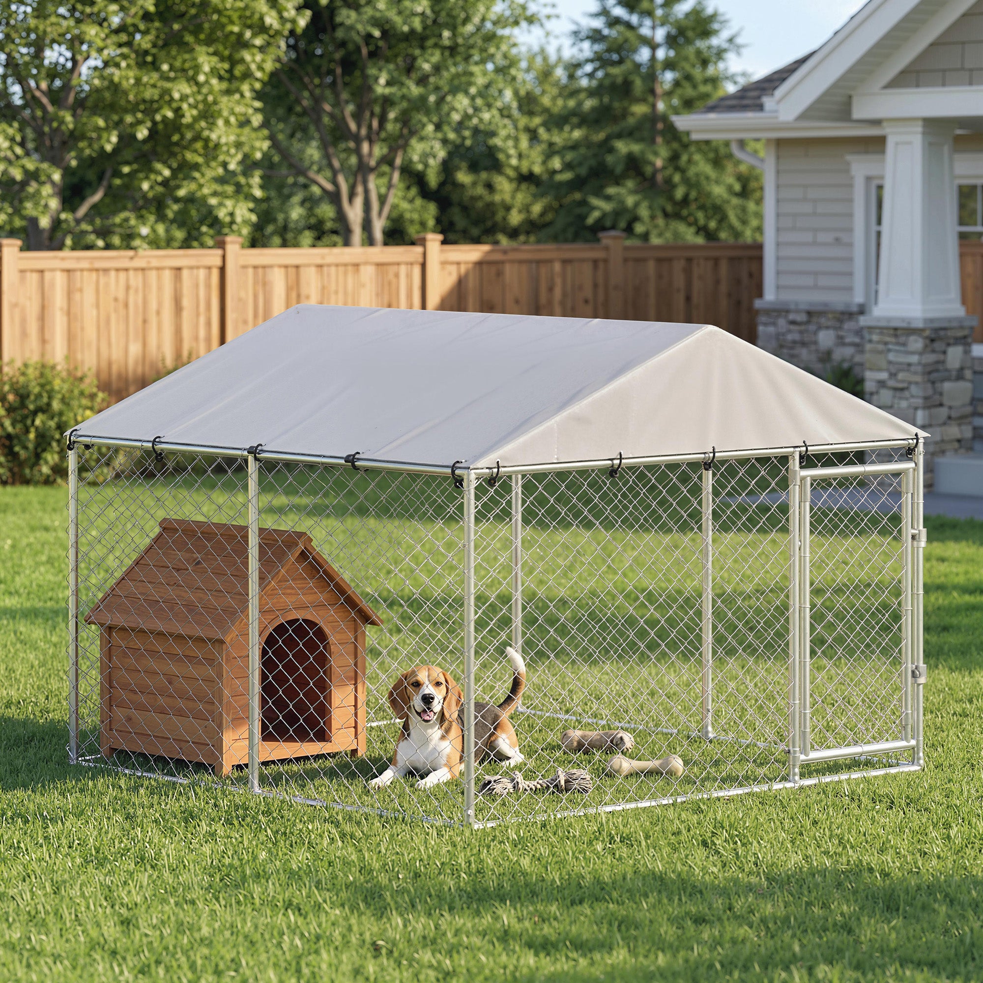 7.5' x 7.5' x 5.6' Outdoor Dog Kennel Heavy Duty Galvanized Steel Chain Link with UV-resistant Roof, Silver