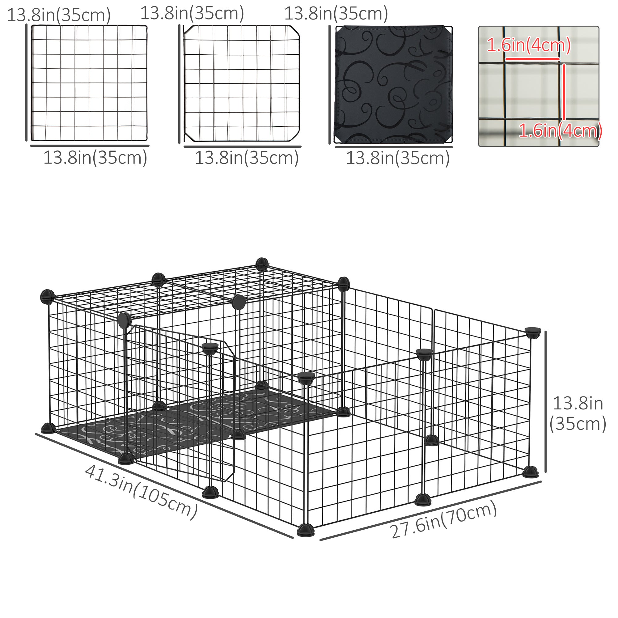 Small Animal Cage with 16 Panels, Portable Metal Wire Pet Fence with Door, Non-slip Feet for Bunny Guinea Pig