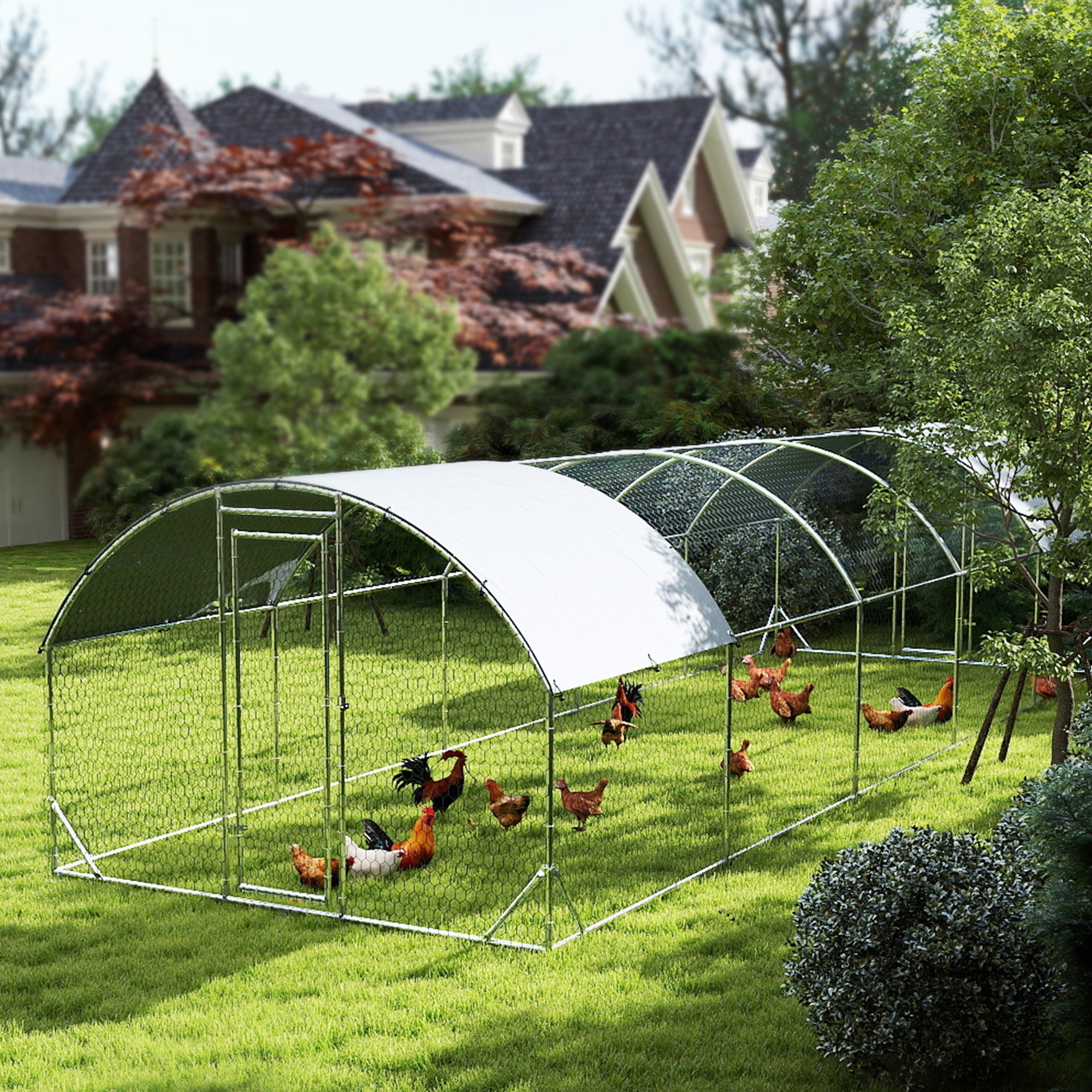 Galvanized Large Metal Chicken Coop Cage Walk-in Enclosure Poultry Hen Run House Playpen Rabbit Hutch with Cover for Outdoor Backyard