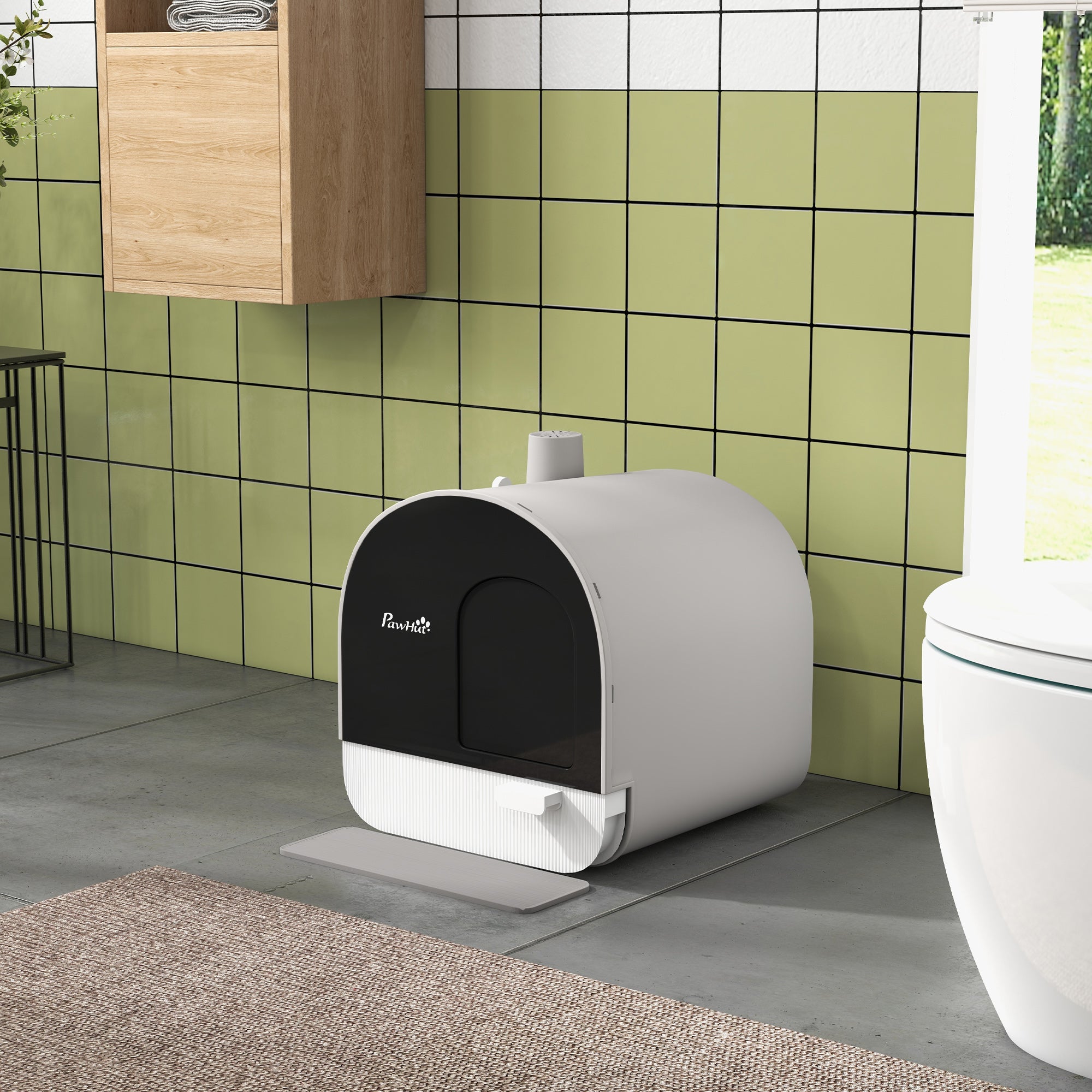 Cat Litter Box with Lid, Removable Tray, Scoop, Filter, Light Grey