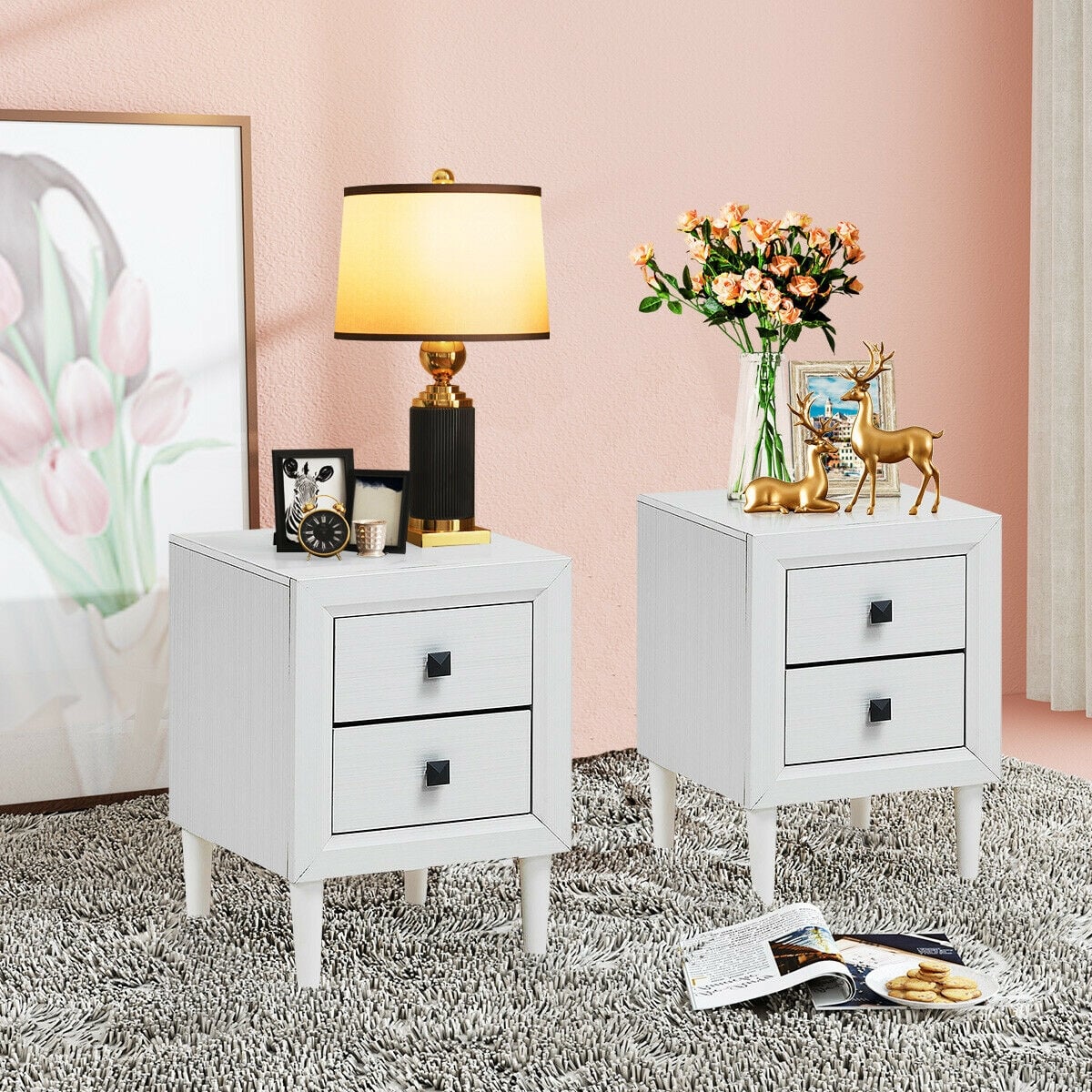 2Pcs Multipurpose Retro Nightstand with 2 Drawers-White-Nightstands-DECOROLALA