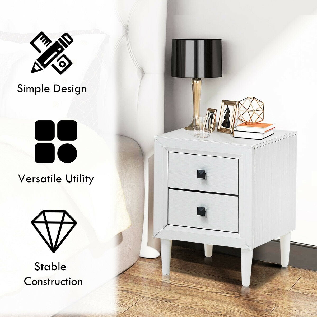 2Pcs Multipurpose Retro Nightstand with 2 Drawers-White-Nightstands-DECOROLALA