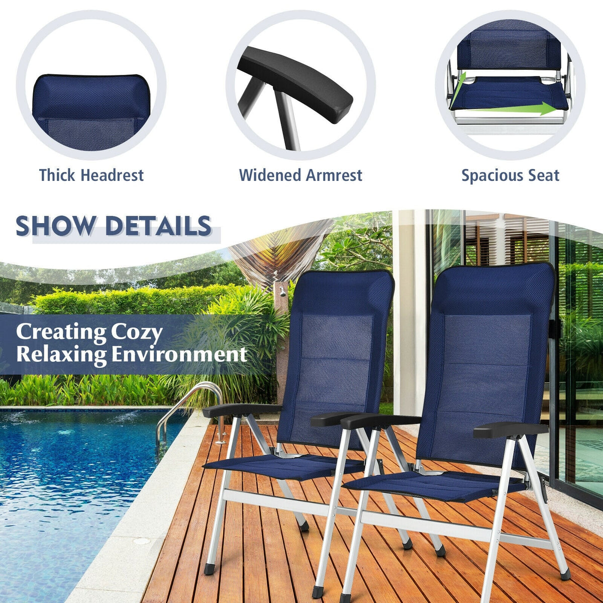 2Pcs Patio Dining Chair with Adjust Portable Headrest-Blue-Patio Dining Chairs-DECOROLALA