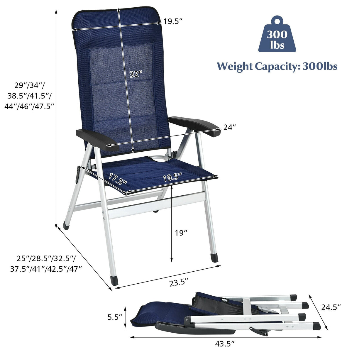 2Pcs Patio Dining Chair with Adjust Portable Headrest-Blue-Patio Dining Chairs-DECOROLALA