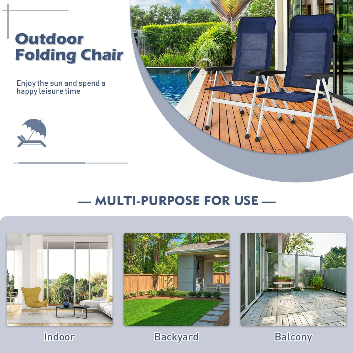 2Pcs Patio Dining Chair with Adjust Portable Headrest-Blue-Patio Dining Chairs-DECOROLALA