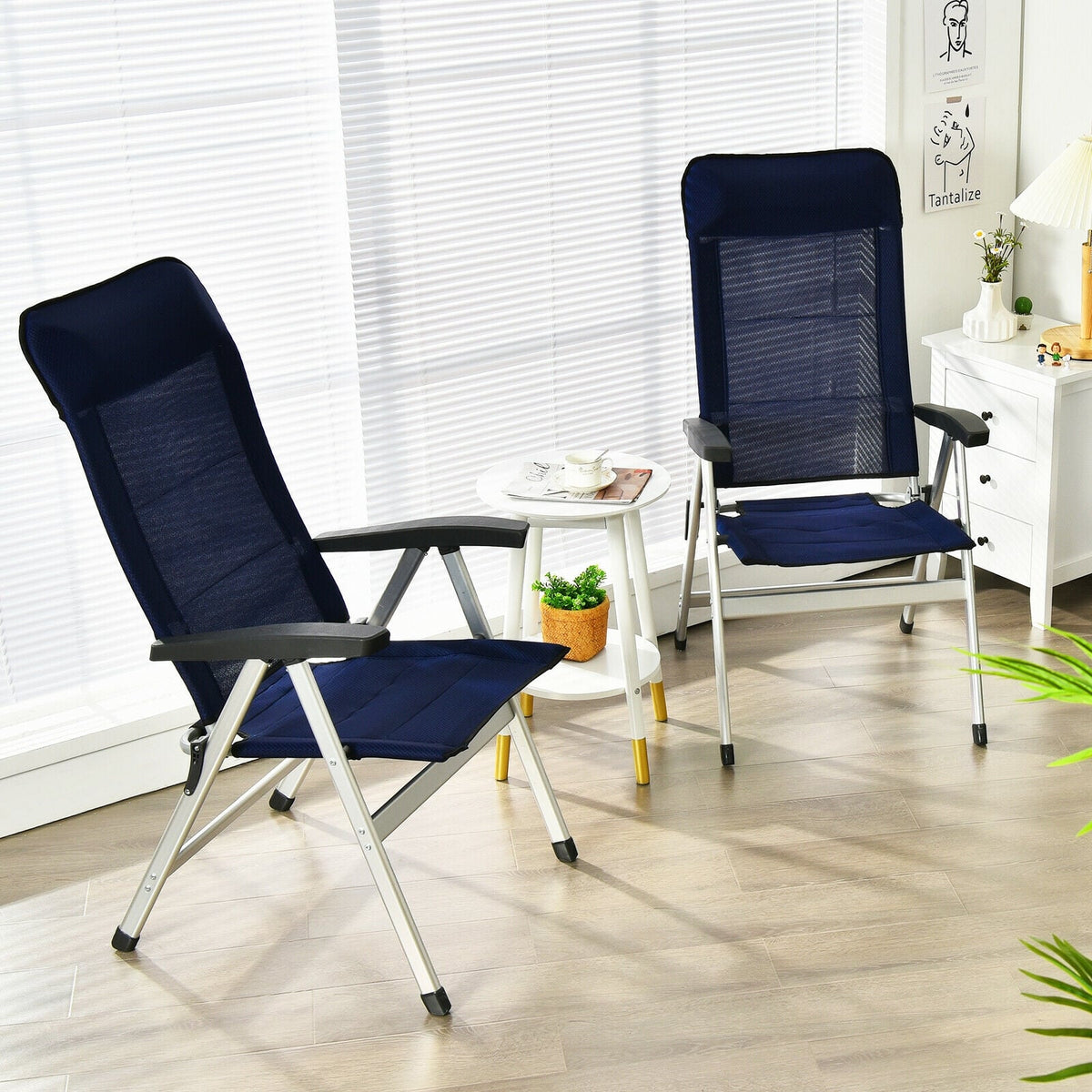 2Pcs Patio Dining Chair with Adjust Portable Headrest-Blue-Patio Dining Chairs-DECOROLALA