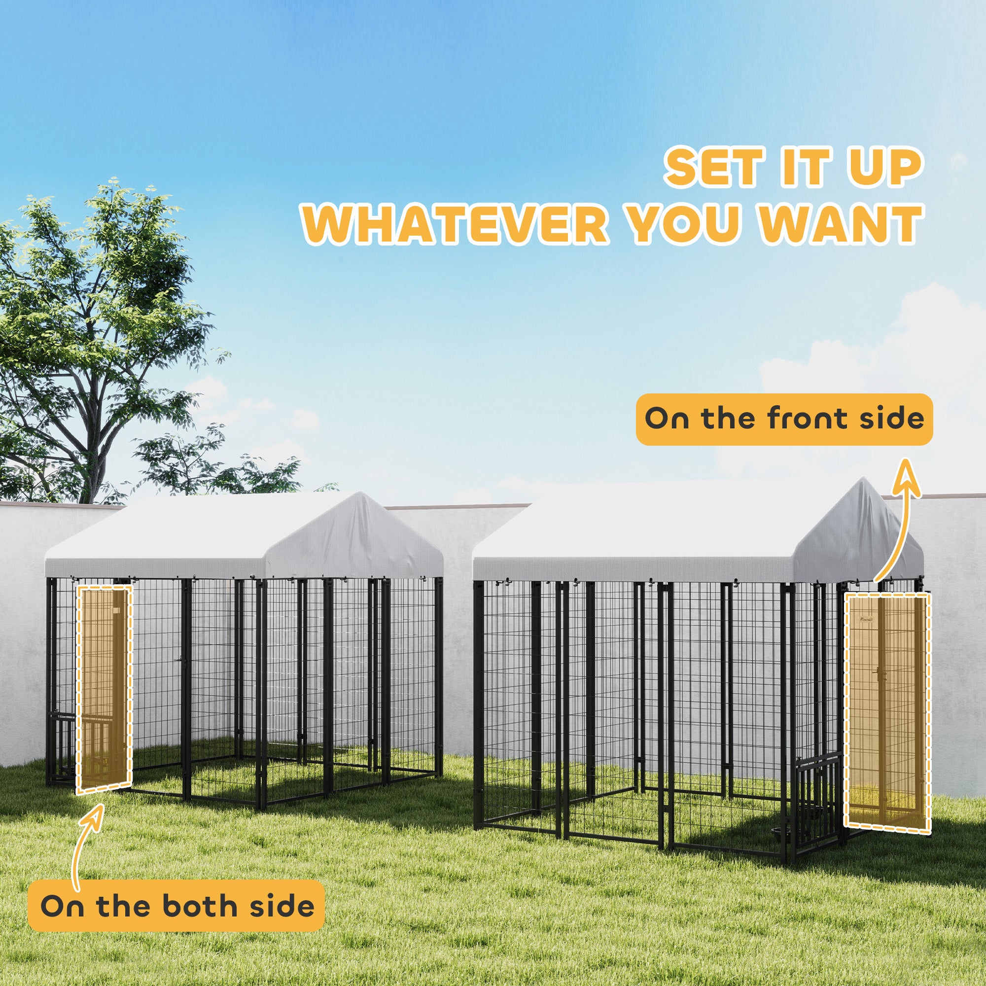 Outdoor Dog Kennel with Waterproof UV-Resistant Cover, Rotating & 4-Level Adjustable Feeding Bowls, 6 x 6 x 6 ft