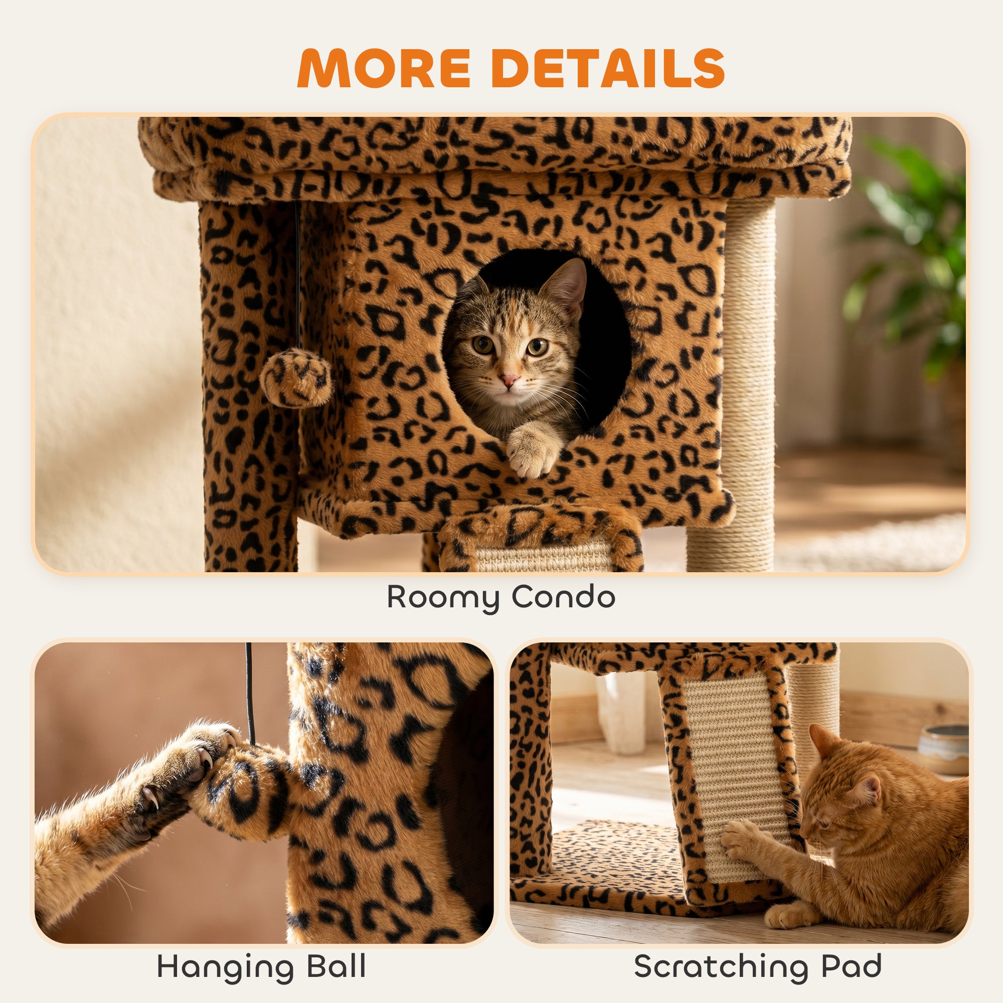 Cat Tree, Small Cat Tower with Perch, Scratching Post, Cat Condo, Toy Ball for Kitty, Leopard Print