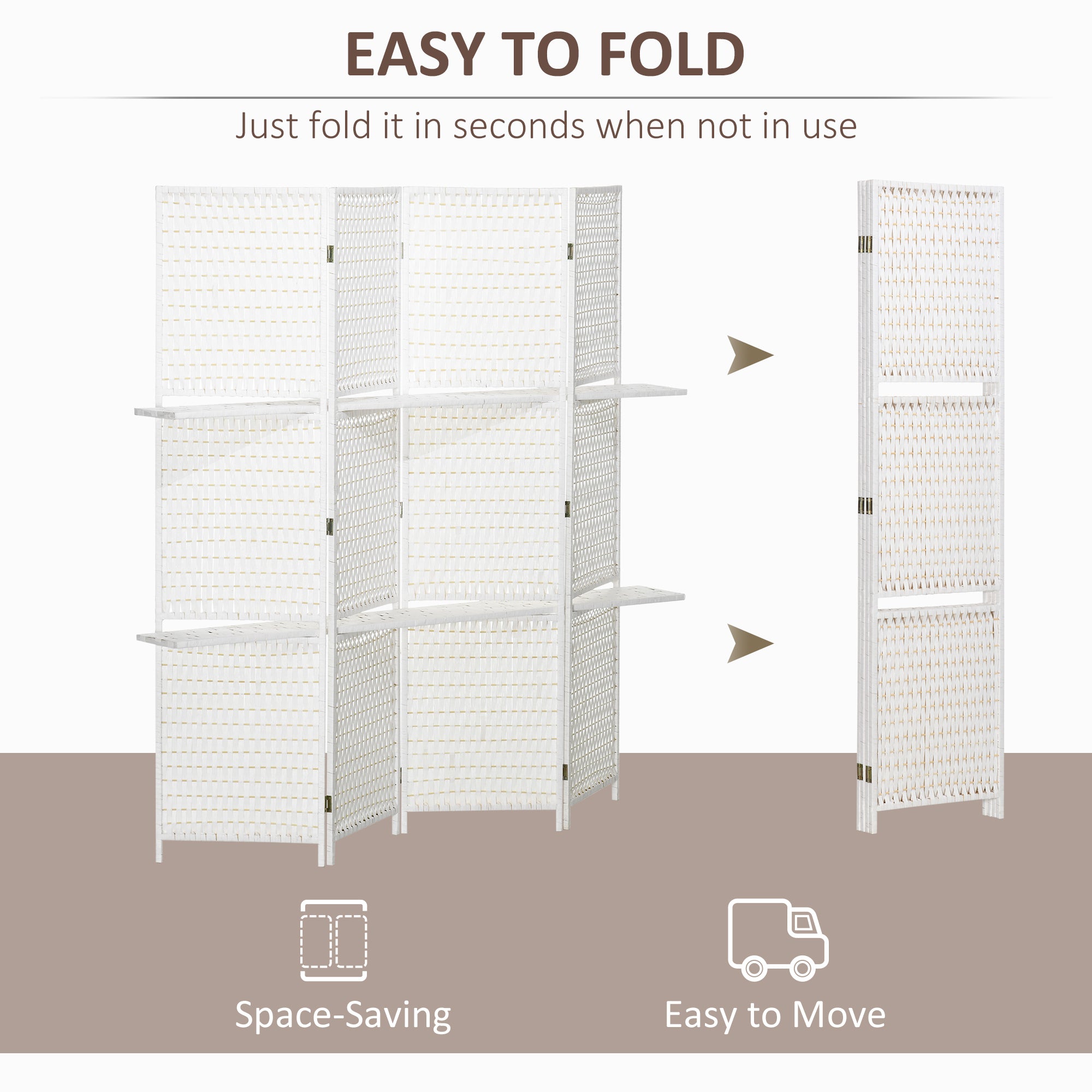 4 Panel Room Divider with Shelves, 6 FT Freestanding Folding Privacy Screen, Partition Wall Divider for Bedroom, White
