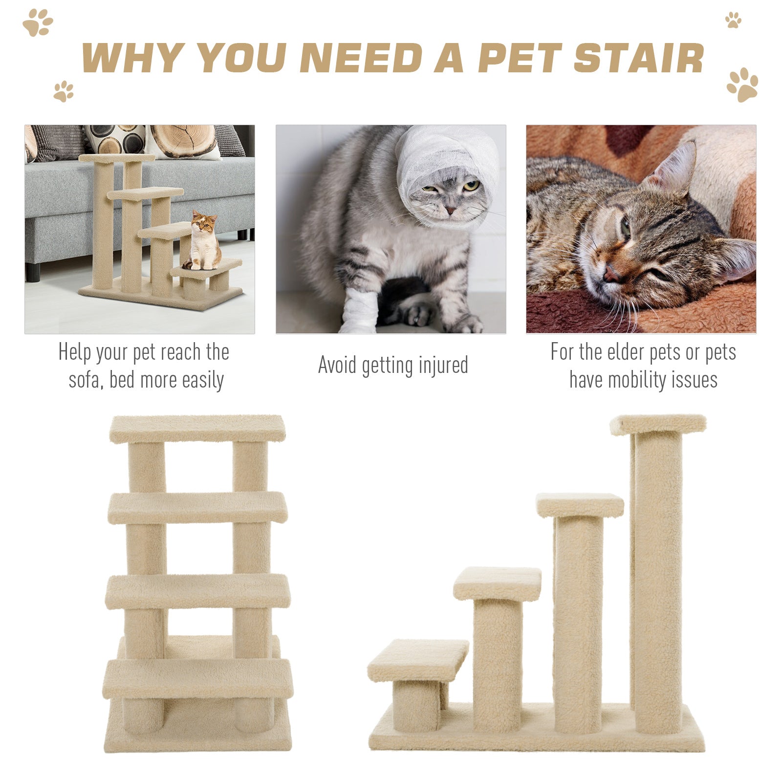 Escalier pour animaux à 4 marches de 23.5", meuble avec griffoir pour chiens et chats, blanc crème