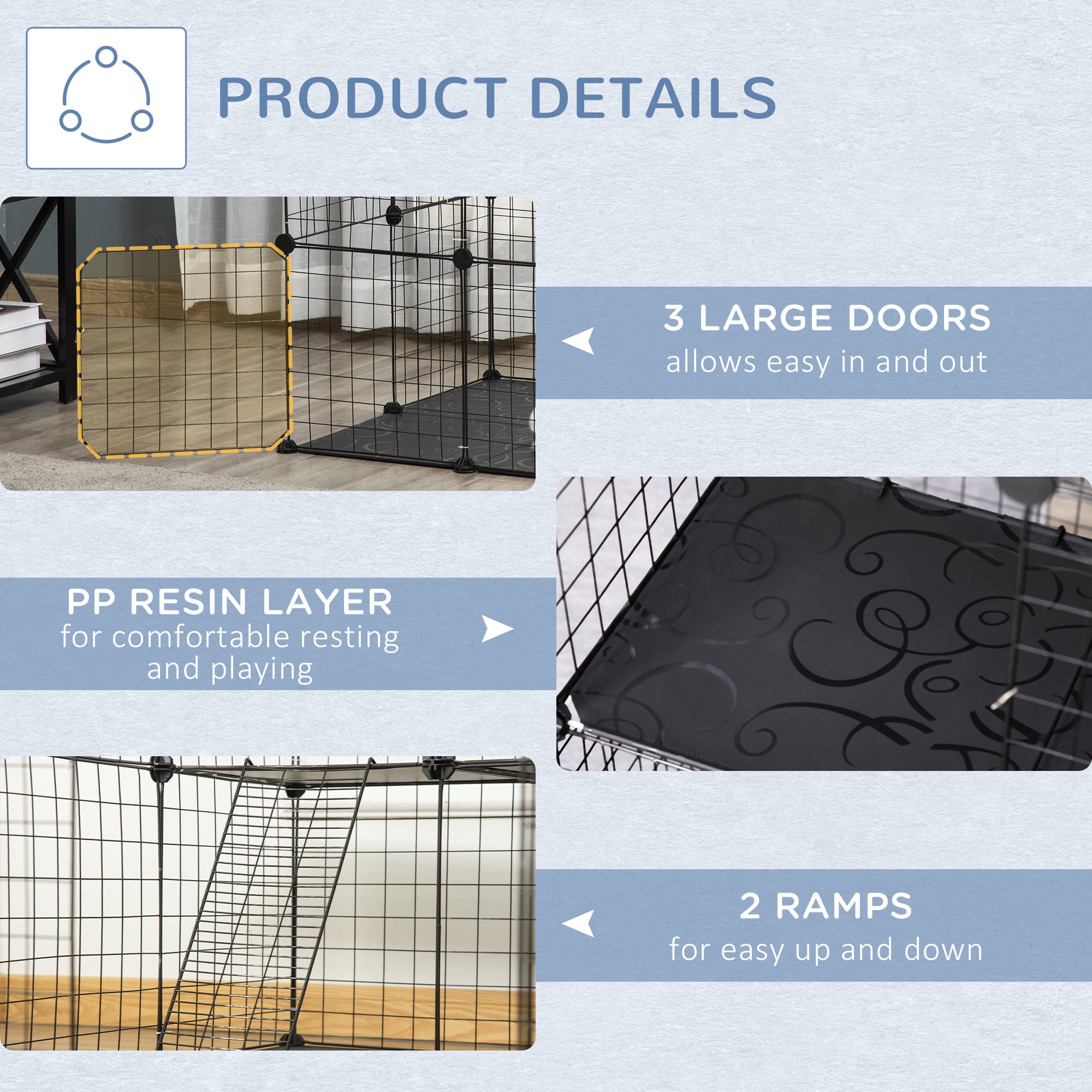 Cage pour petits animaux, 39 pièces, clapier à lapin portable en fil métallique avec rampes, pour chaton et chinchilla, noir
