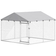 7.5' x 7.5' x 5.6' Outdoor Dog Kennel Heavy Duty Galvanized Steel Chain Link with UV-resistant Roof, Silver